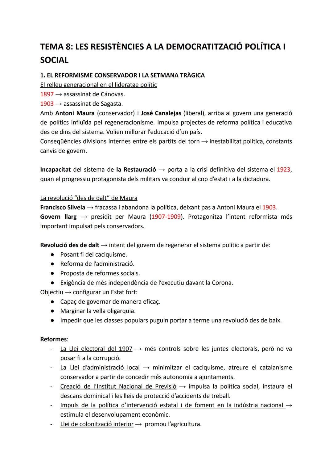 # TEMA 8: LES RESISTÈNCIES A LA DEMOCRATITZACIÓ POLÍTICA I
SOCIAL

1. EL REFORMISME CONSERVADOR I LA SETMANA TRÀGICA
El relleu generacional 