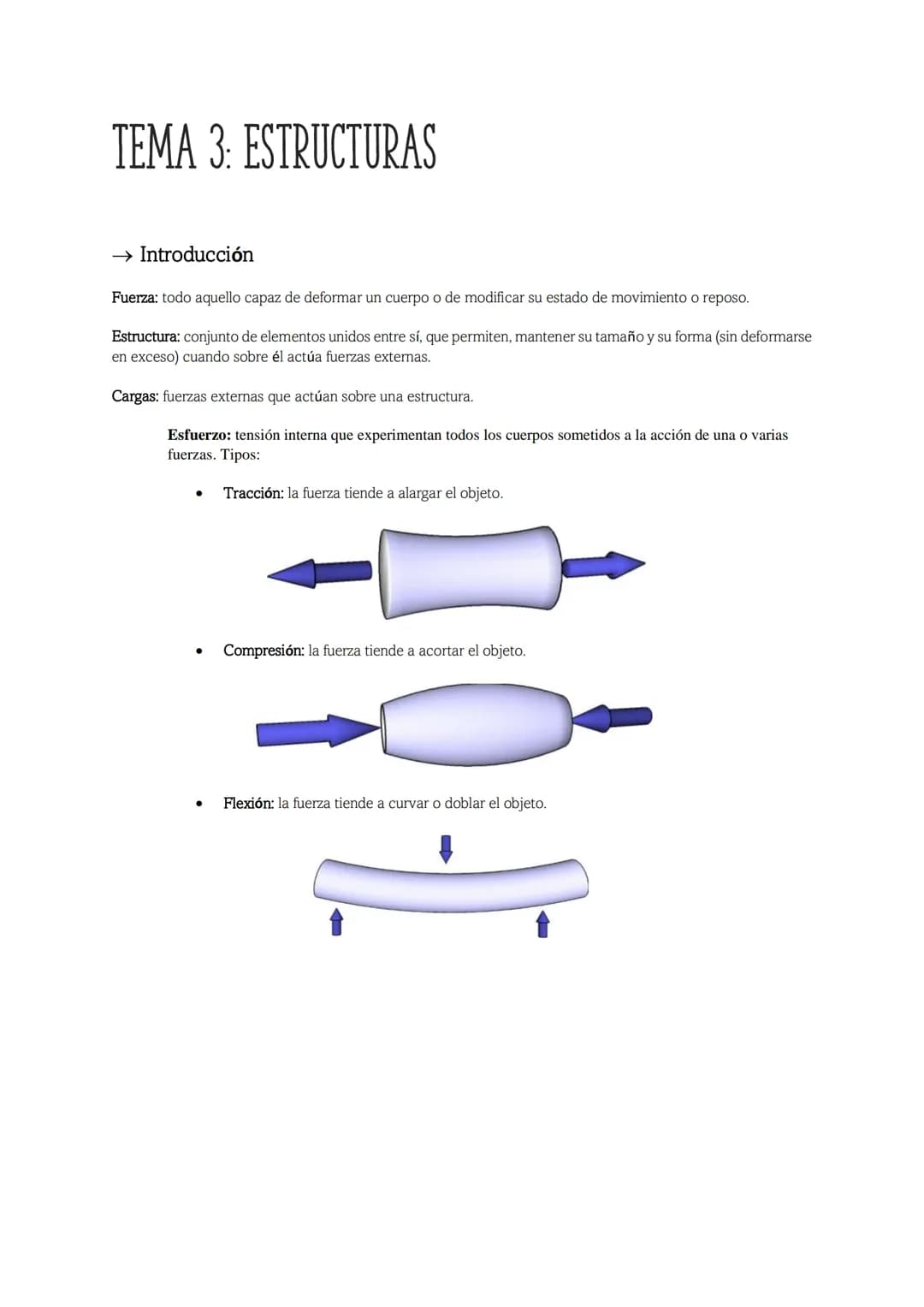 TEMA 3: ESTRUCTURAS
→ Introducción
Fuerza: todo aquello capaz de deformar un cuerpo o de modificar su estado de movimiento o reposo.
Estruct