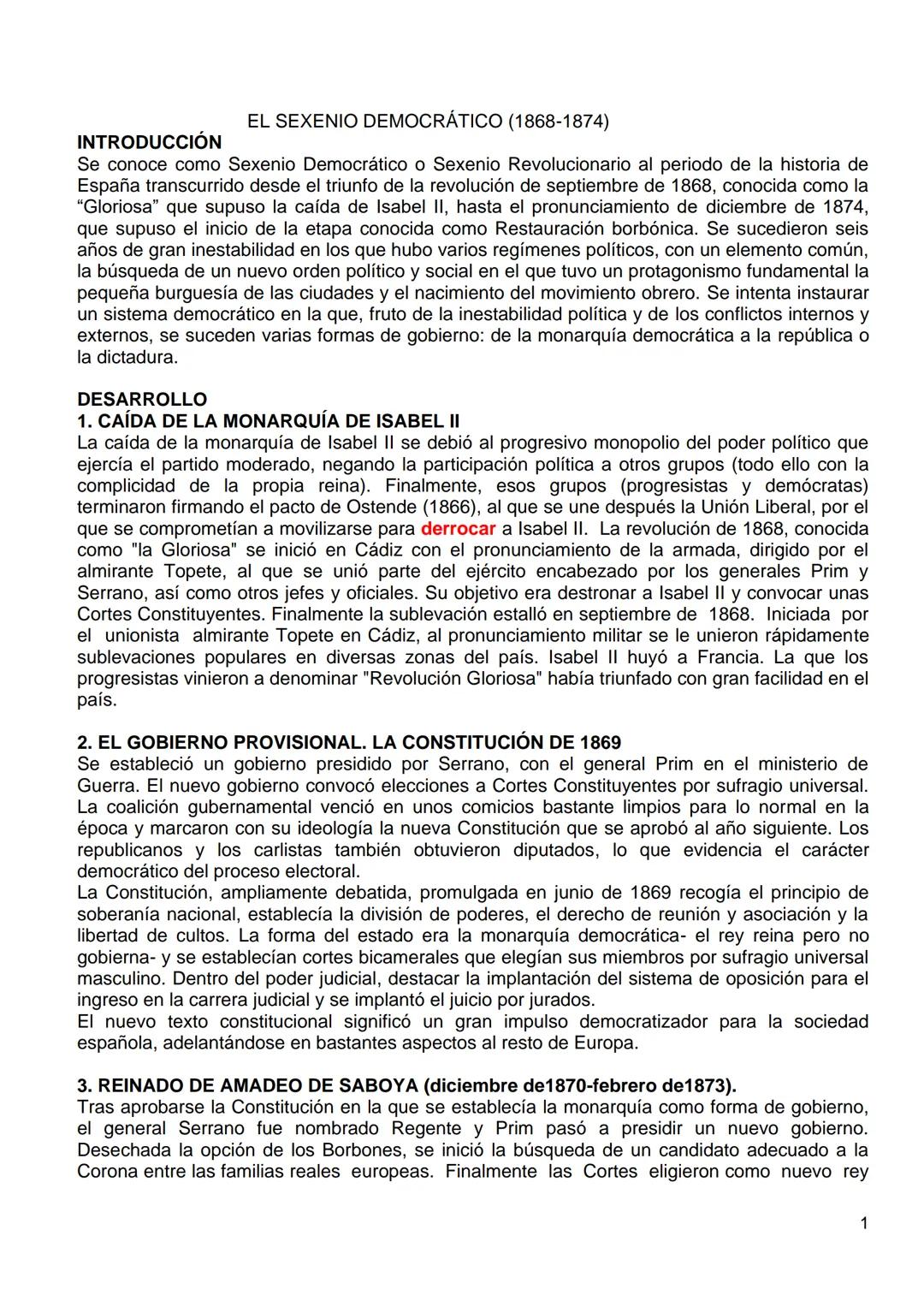 EL SEXENIO DEMOCRÁTICO (1868-1874)
INTRODUCCIÓN
Se conoce como Sexenio Democrático o Sexenio Revolucionario al periodo de la historia de
Esp