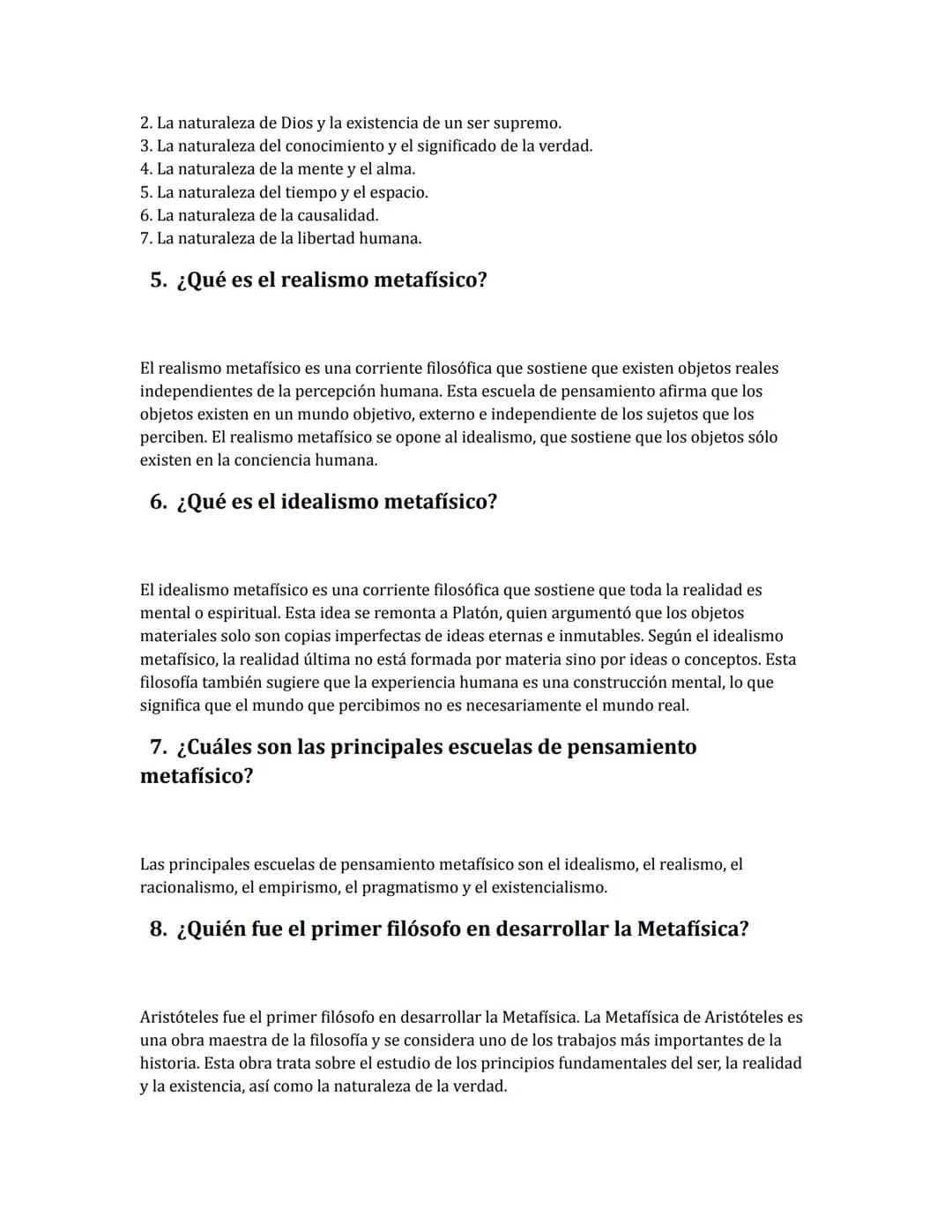 Ejercicio Metafísica
1.
¿Qué es la Metafísica?
La Metafísica es una rama de la filosofía que se ocupa de preguntas fundamentales sobre la
na