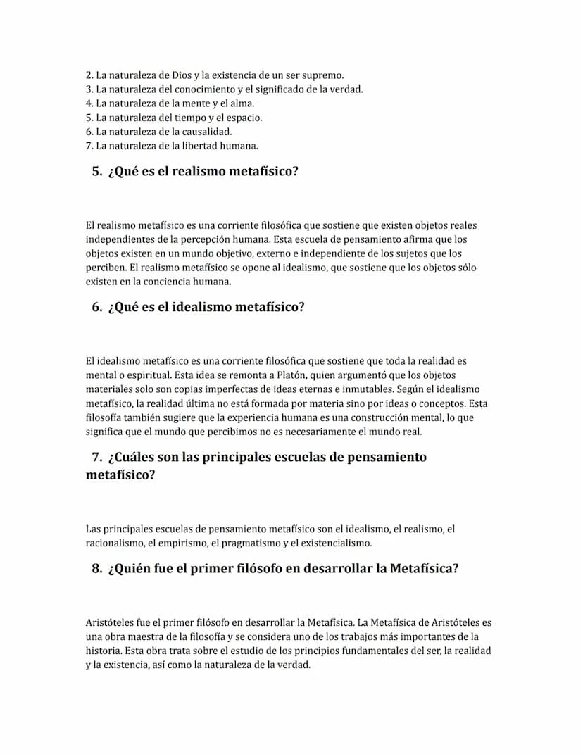 Ejercicio Metafísica
1.
¿Qué es la Metafísica?
La Metafísica es una rama de la filosofía que se ocupa de preguntas fundamentales sobre la
na