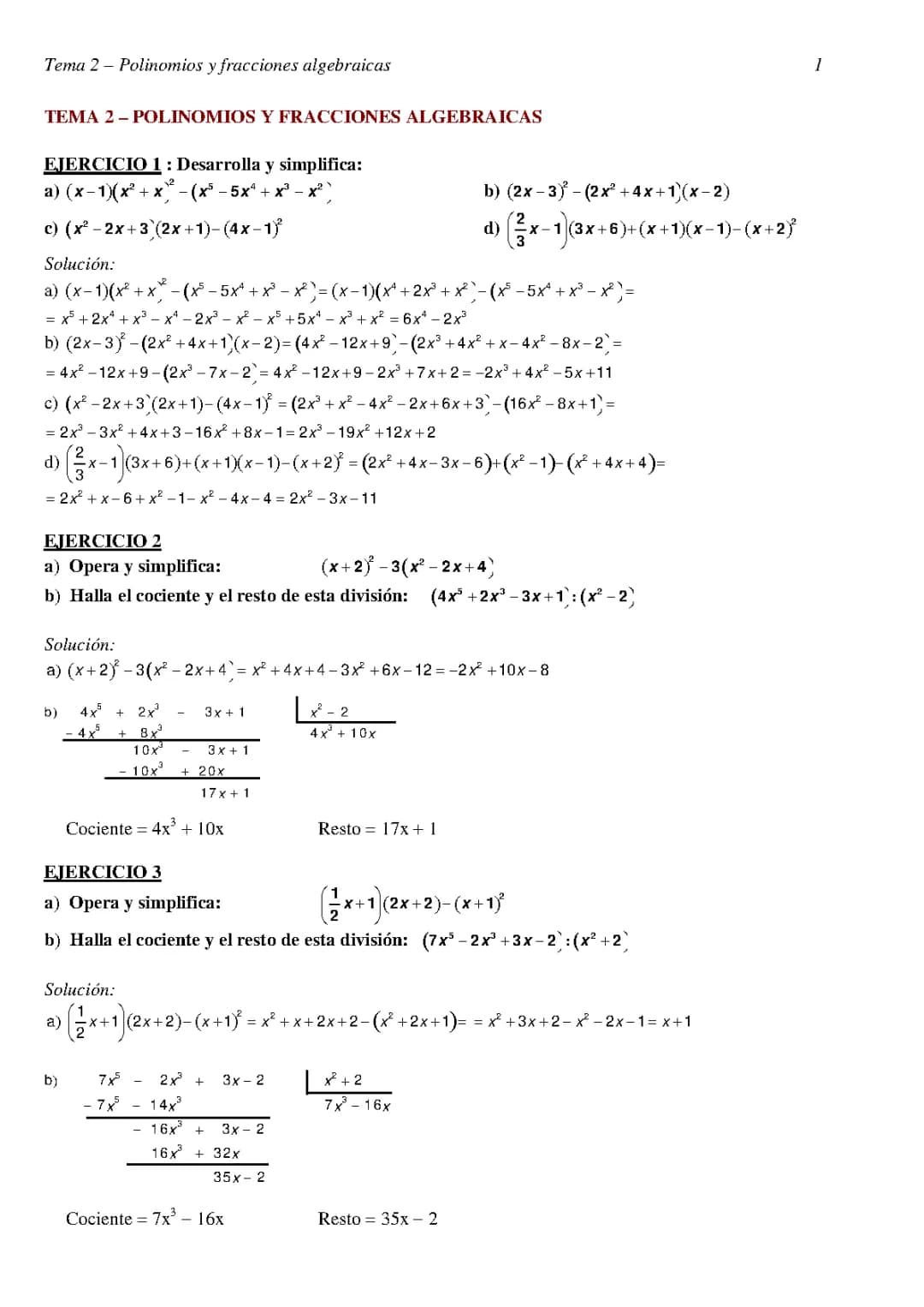 Ejercicios Resueltos de Polinomios y Fracciones Algebraicas para 4 ESO