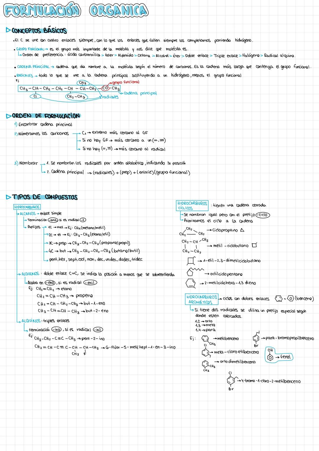 FORMULACIÓN ORGANICA
▷CONCEPTOS BÁSICOS
•El C se une con cuatro enlaces siempre, con lo que los enlaces que falten siempre las completamos p