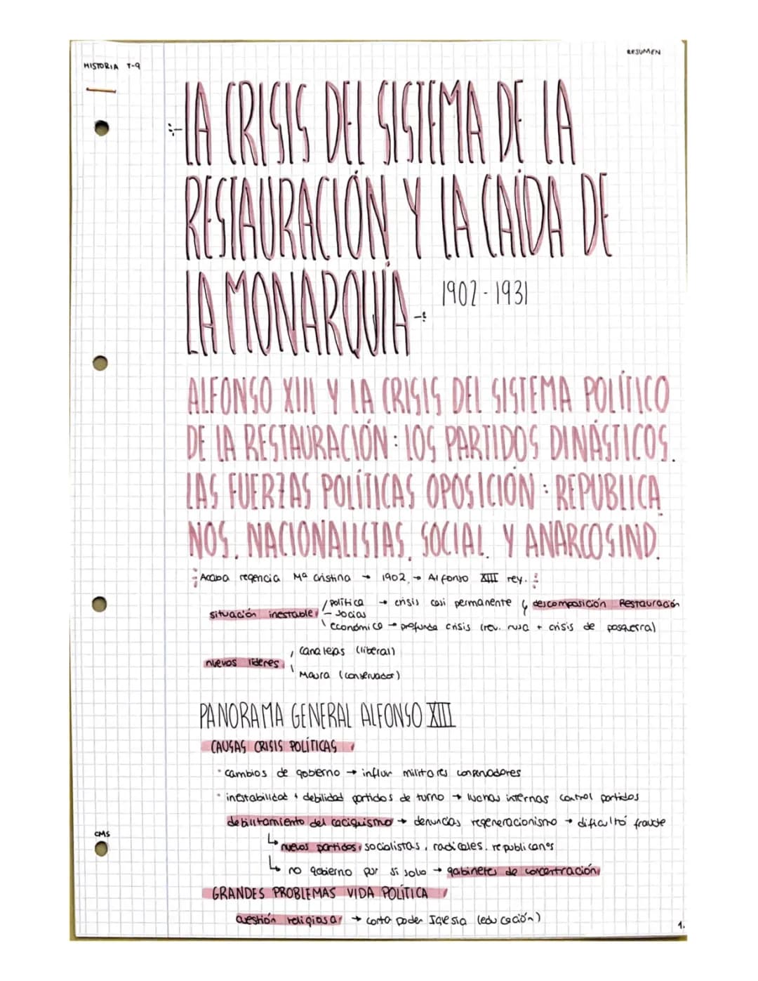 Tema 9 Historia de España 2 bach - crisis del sistema de la restauracion