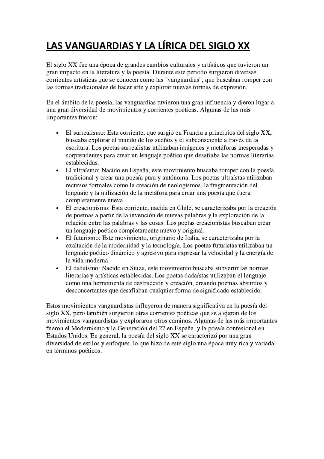 LITERATURA UNIVERSAL: LAS VANGUARDIAS Y LA LÍRICA DEL SIGLO XX