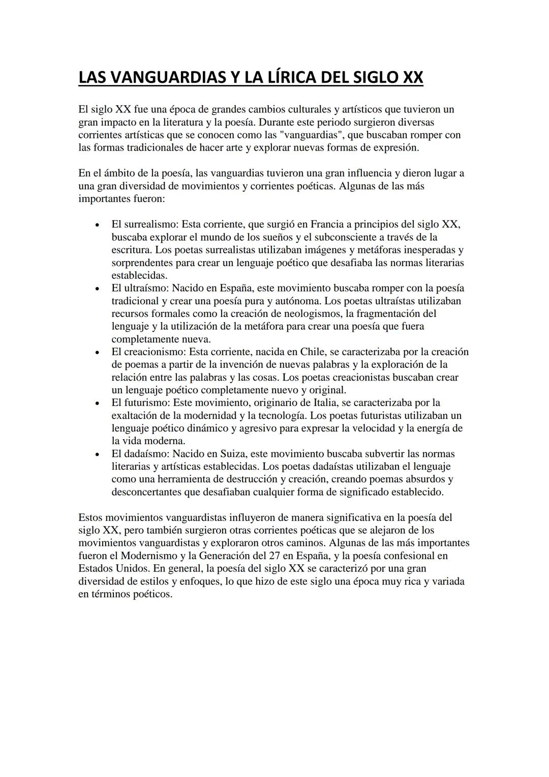 LAS VANGUARDIAS Y LA LÍRICA DEL SIGLO XX
El siglo XX fue una época de grandes cambios culturales y artísticos que tuvieron un
gran impacto e