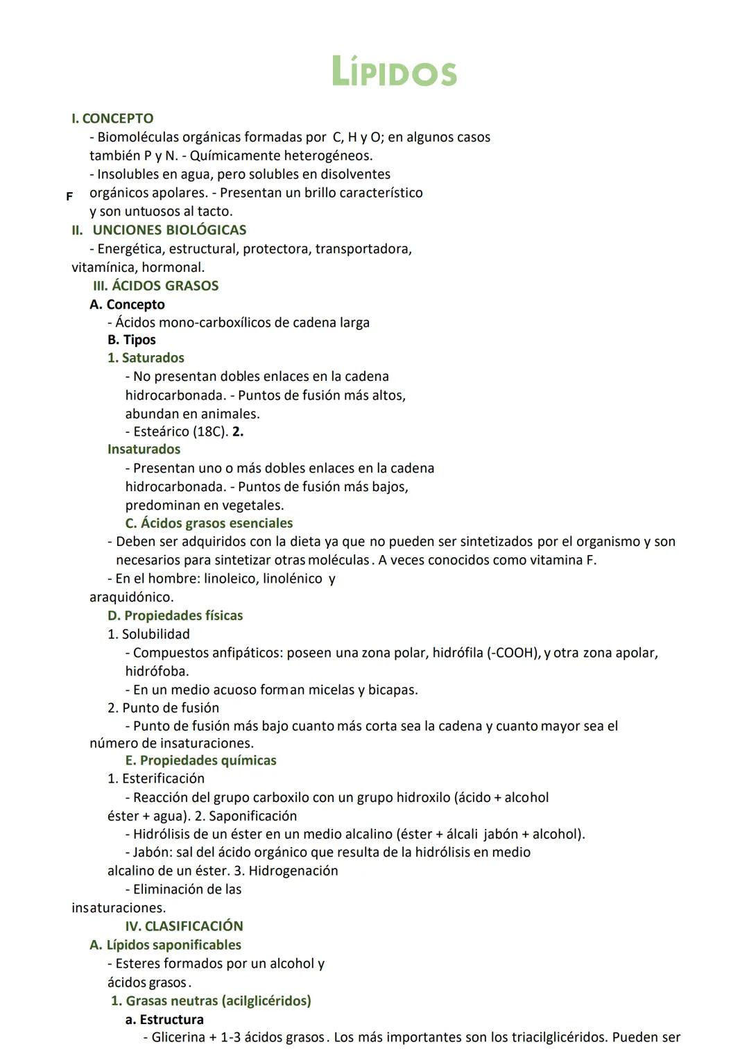 I. CONCEPTO
- Biomoléculas orgánicas formadas por C, H y O; en algunos casos
también P y N. - Químicamente heterogéneos.
- Insolubles en agu