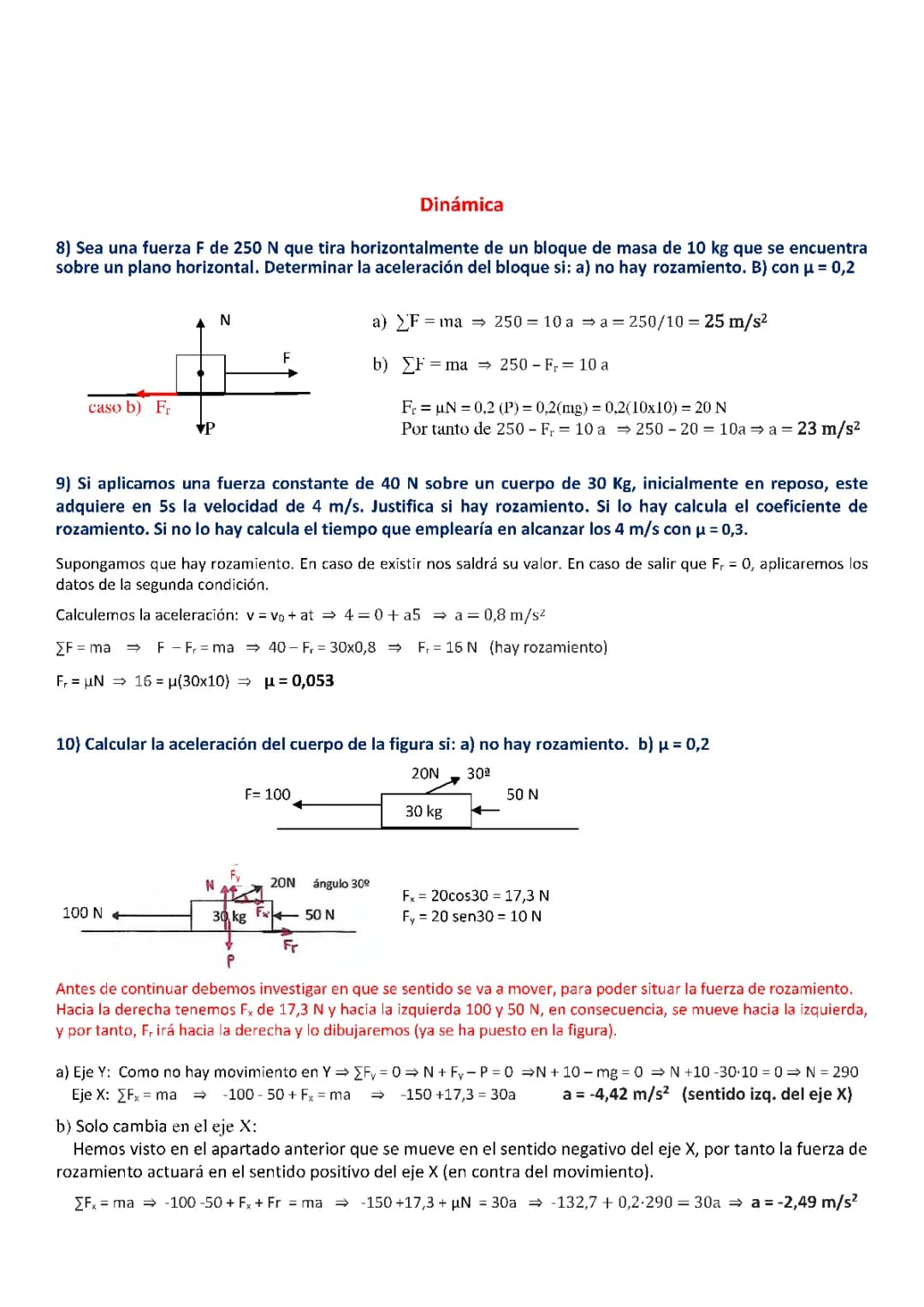Ejercicios Resueltos Fuerza de Rozamiento y Dinámica 3 y 4 ESO, 1 Bachillerato PDF
