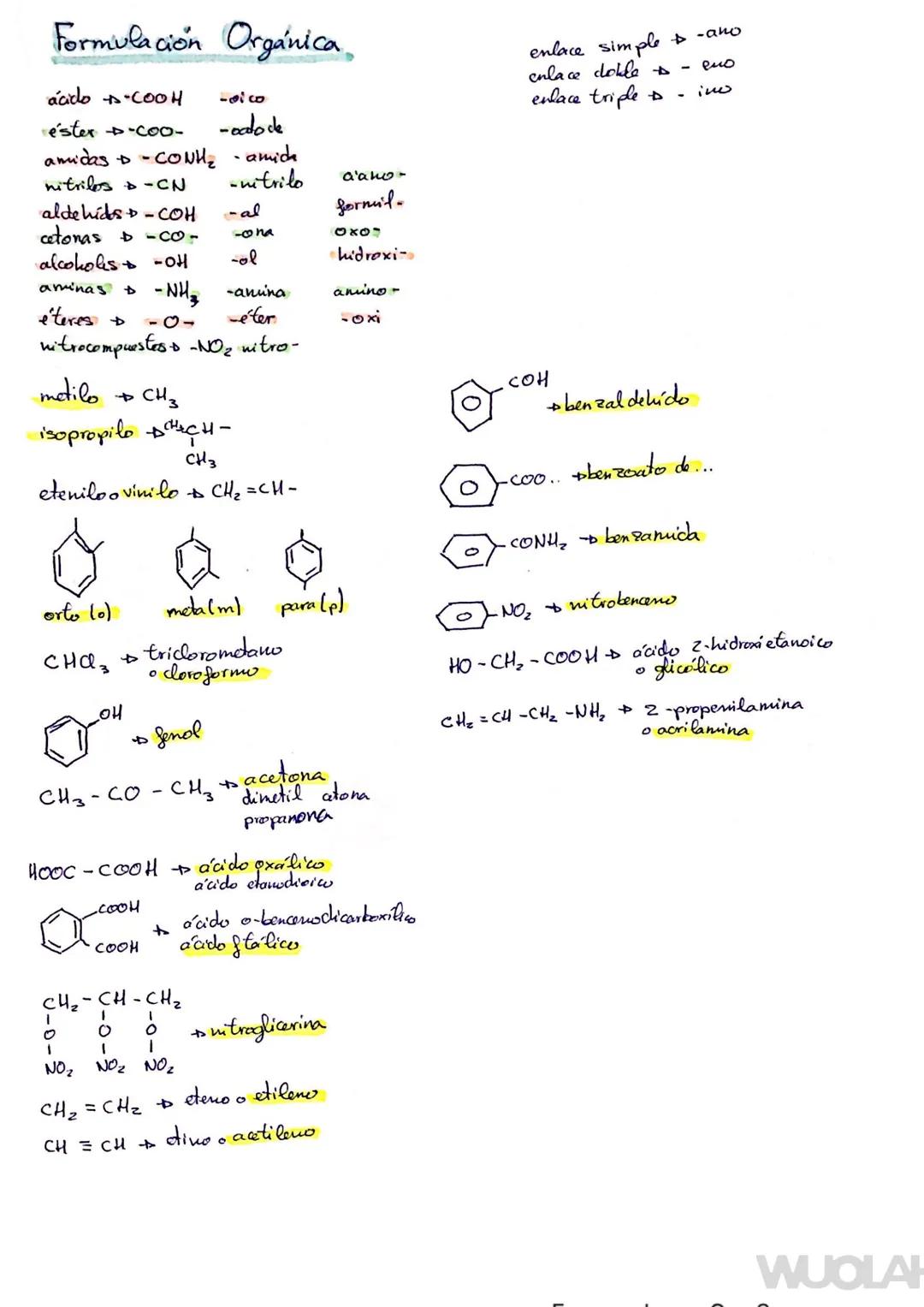 Formulación Orgánica
ácido -COOH
éster -Coo-
amidas D - CONH₂-amich
nitriles & -CN
-nitrilo
aldehidos - COH
cetonas & -co-
alcoholes -OH
ami