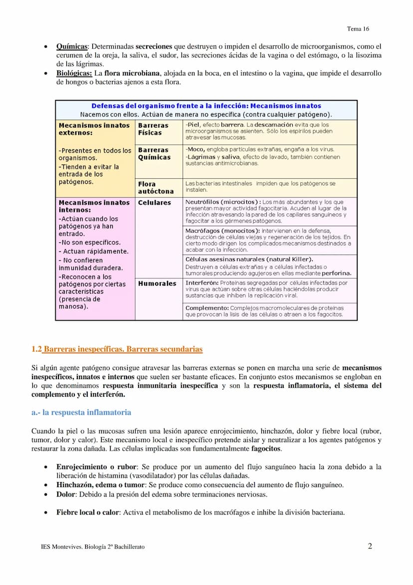 TEMA 16 INMUNOLOGÍA
1.- LA DEFENSA DEL ORGANISMO
Los seres vivos poseen diferentes mecanismos para defenderse de las infecciones con varias 
