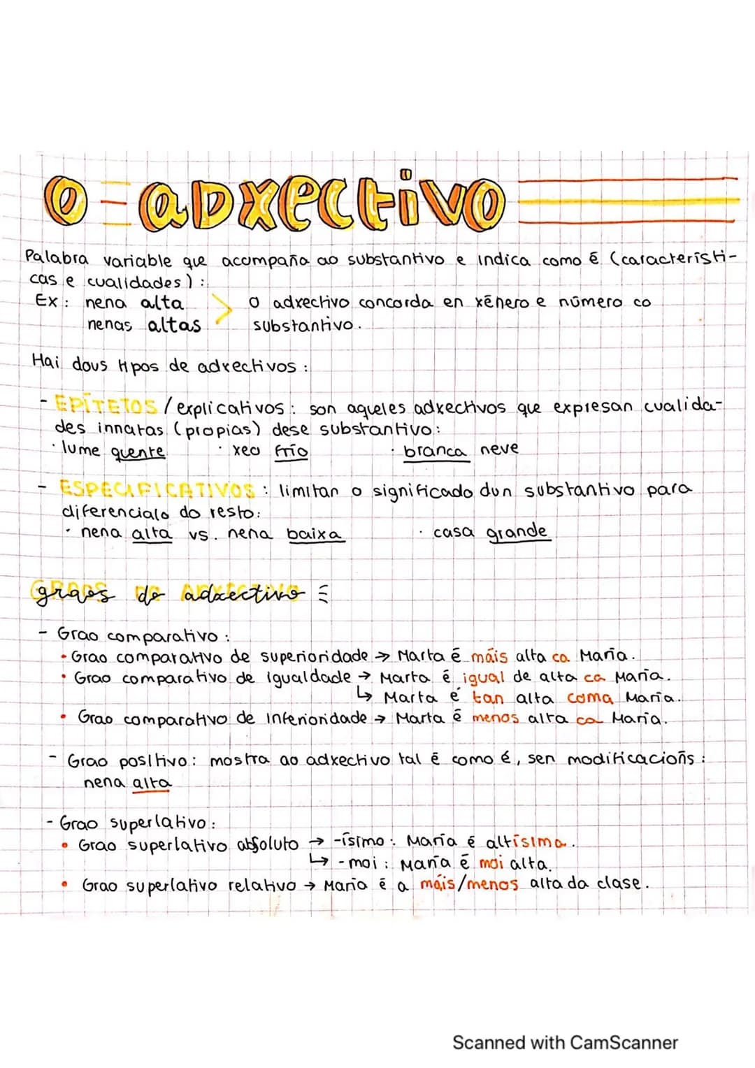 - @Dxectivo
Palabra variable que acompaña ao substantivo e indica como é (caracteristi-
cas e cualidades ) ::
Ex:
|||||
nena alta
nenas alta