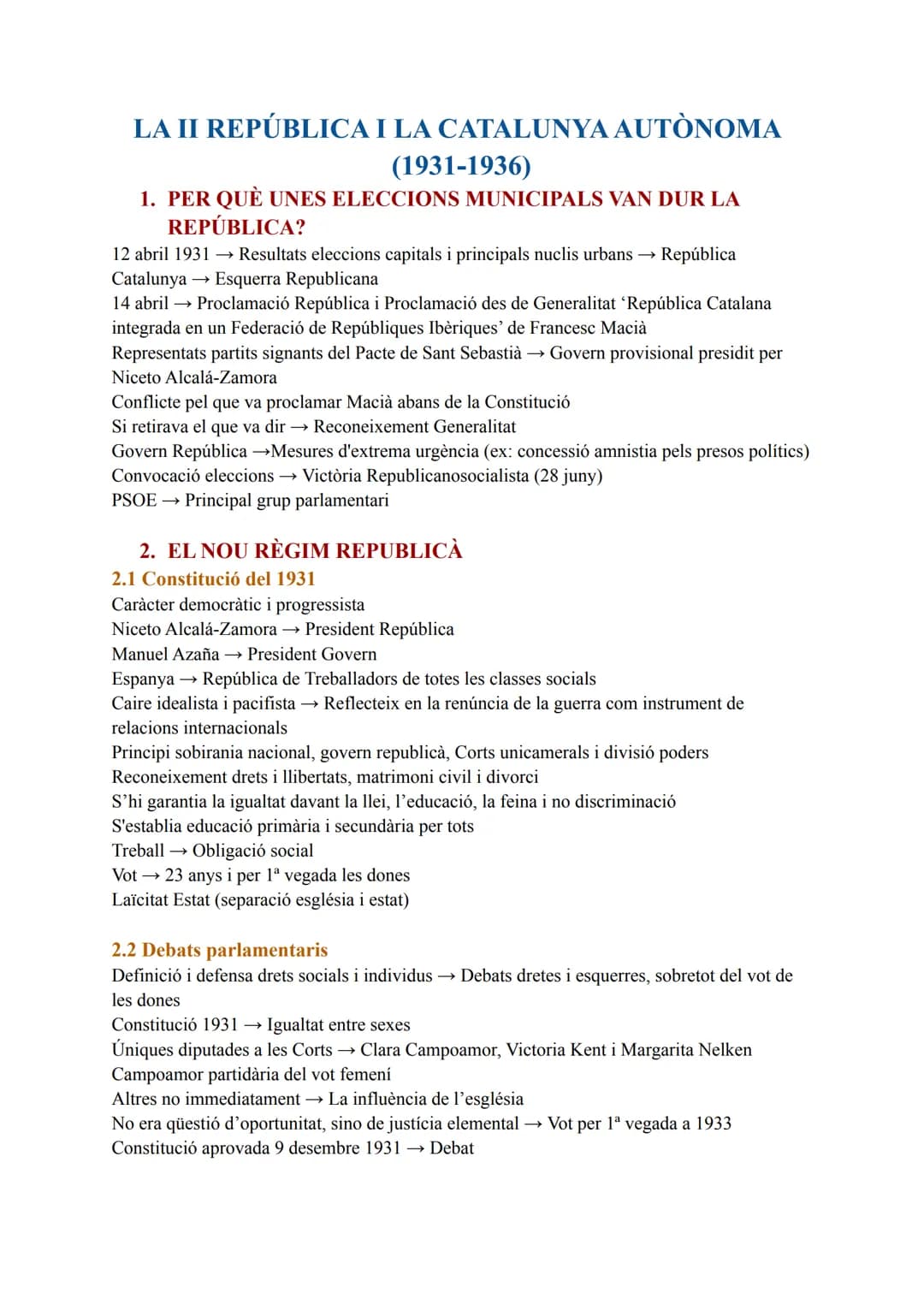 LA II REPÚBLICA I LA CATALUNYA AUTÒNOMA
(1931-1936)
1. PER QUÈ UNES ELECCIONS MUNICIPALS VAN DUR LA
REPÚBLICA?
12 abril 1931 →→ Resultats el