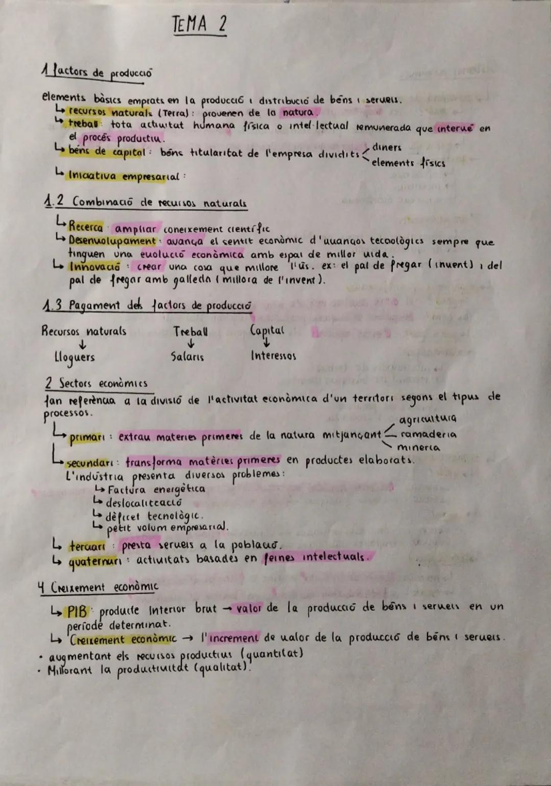 --- OCR Start ---
1 factors de producció
TEMA 2
elements bàsics emprats en la producció i distribució de béns i serveis.
Le recursos natural