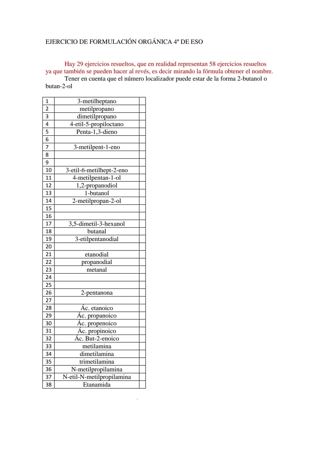 EJERCICIO DE FORMULACIÓN ORGÁNICA 4º DE ESO
Hay 29 ejercicios resueltos, que en realidad representan 58 ejercicios resueltos
ya que también 