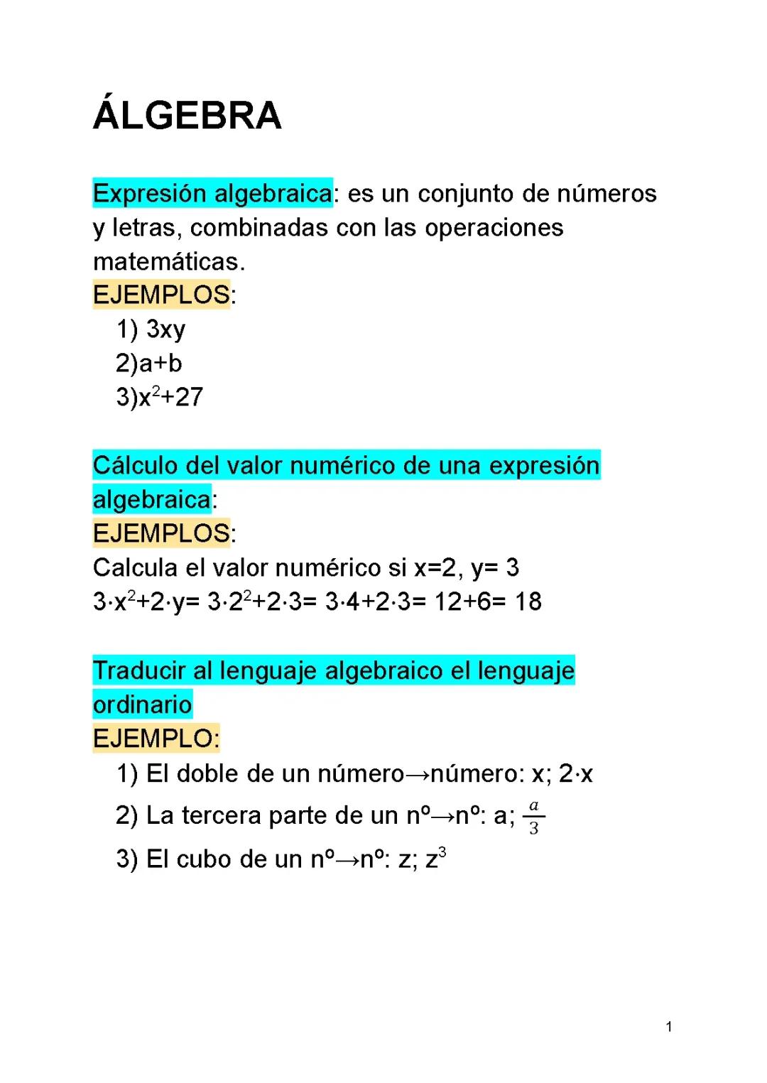 Ejemplos y ejercicios de expresiones algebraicas y valor numérico