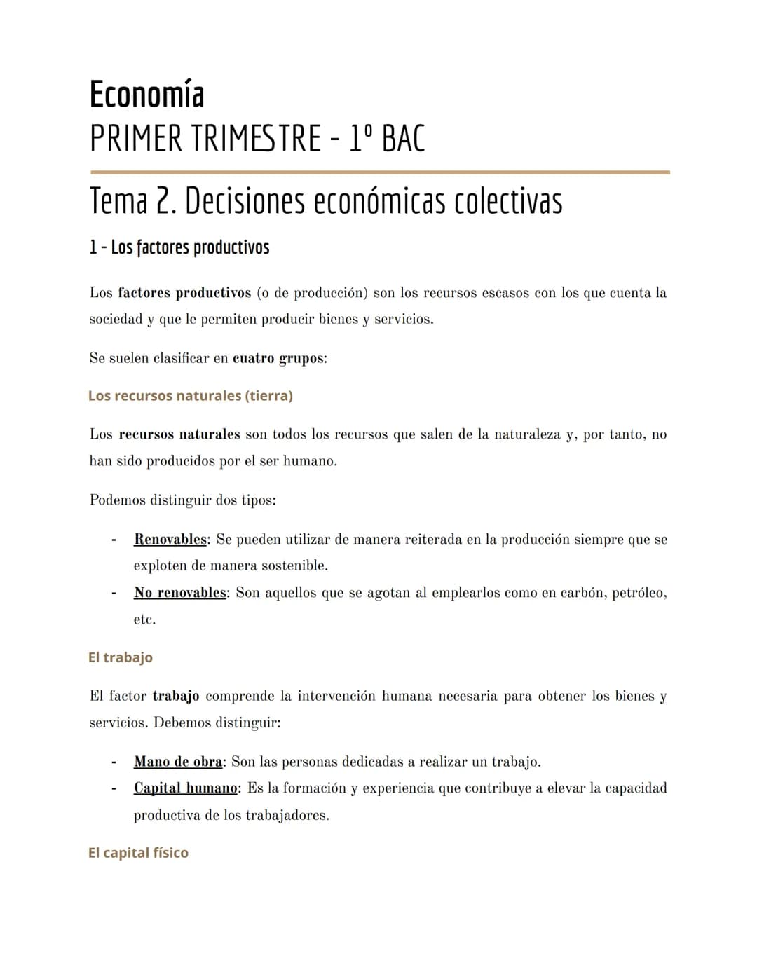 Decisiones Económicas Colectivas: Primer Trimestre de Economía y Factores Productivos