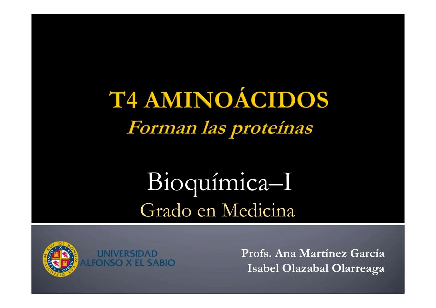 SUI
T4 AMINOÁCIDOS
Forman las proteínas
Bioquímica-I
Grado en Medicina
UNIVERSIDAD
ALFONSO X EL SABIO
Profs. Ana Martínez García
Isabel Olaz