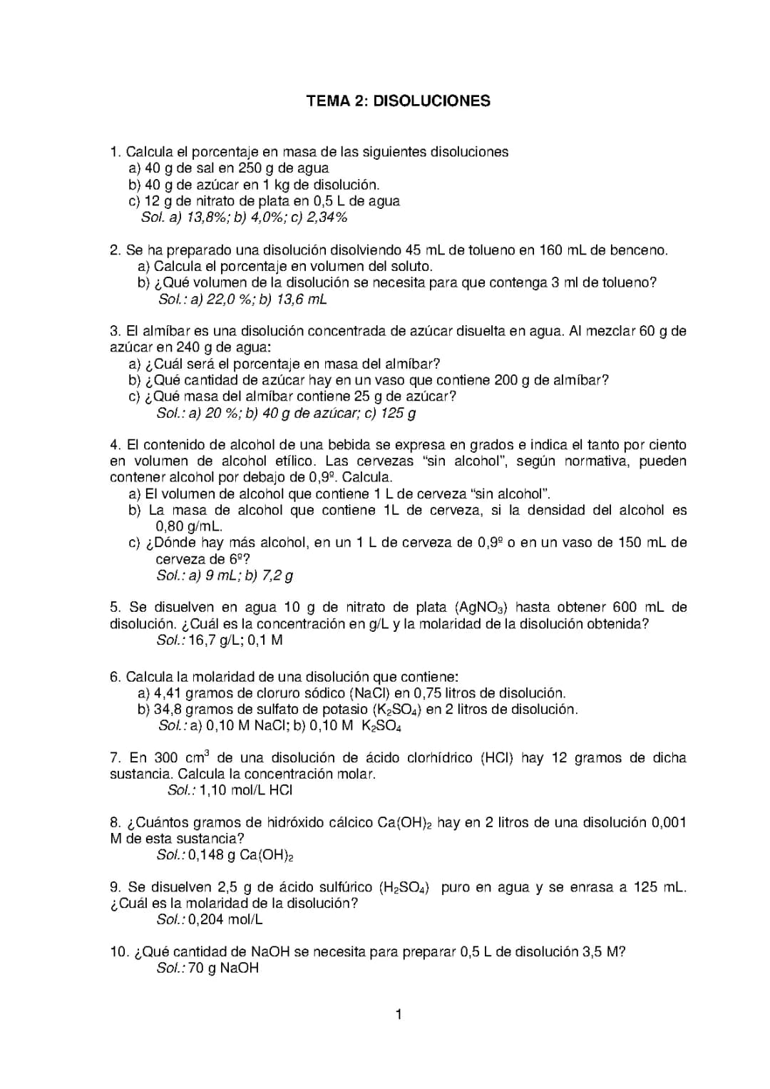 Ejercicios de disoluciones y porcentaje en masa y volumen - 100 problemas resueltos 2 ESO y 3 ESO PDF