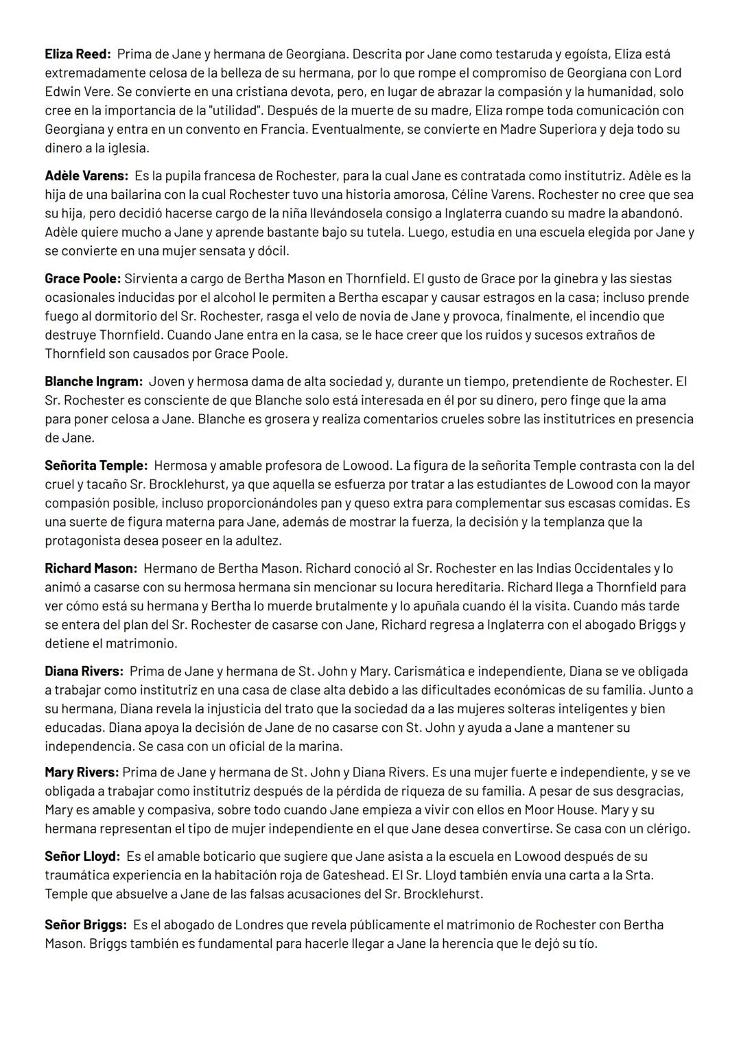 # JANE EYRE

PERSONAJES

Jane Eyre: Narradora y protagonista. Con el pasar de los años, Jane conserva una personalidad fuerte, cuya
esencia 