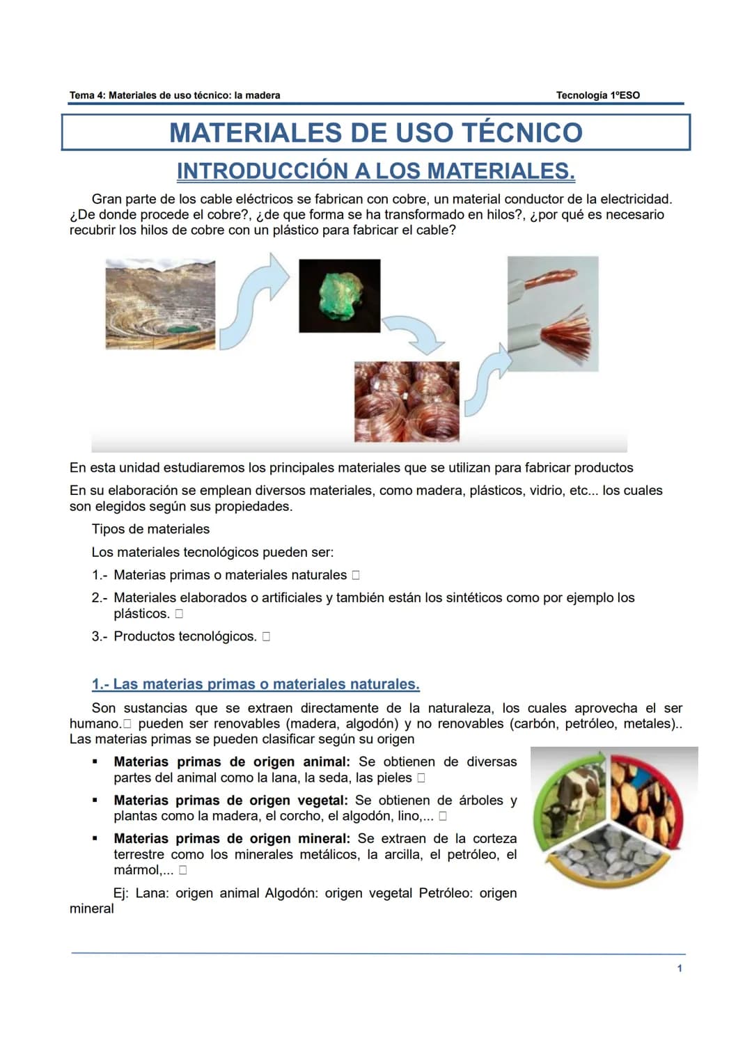Tema 4: Materiales de uso técnico: la madera
MATERIALES DE USO TÉCNICO
INTRODUCCIÓN A LOS MATERIALES.
Gran parte de los cable eléctricos se 