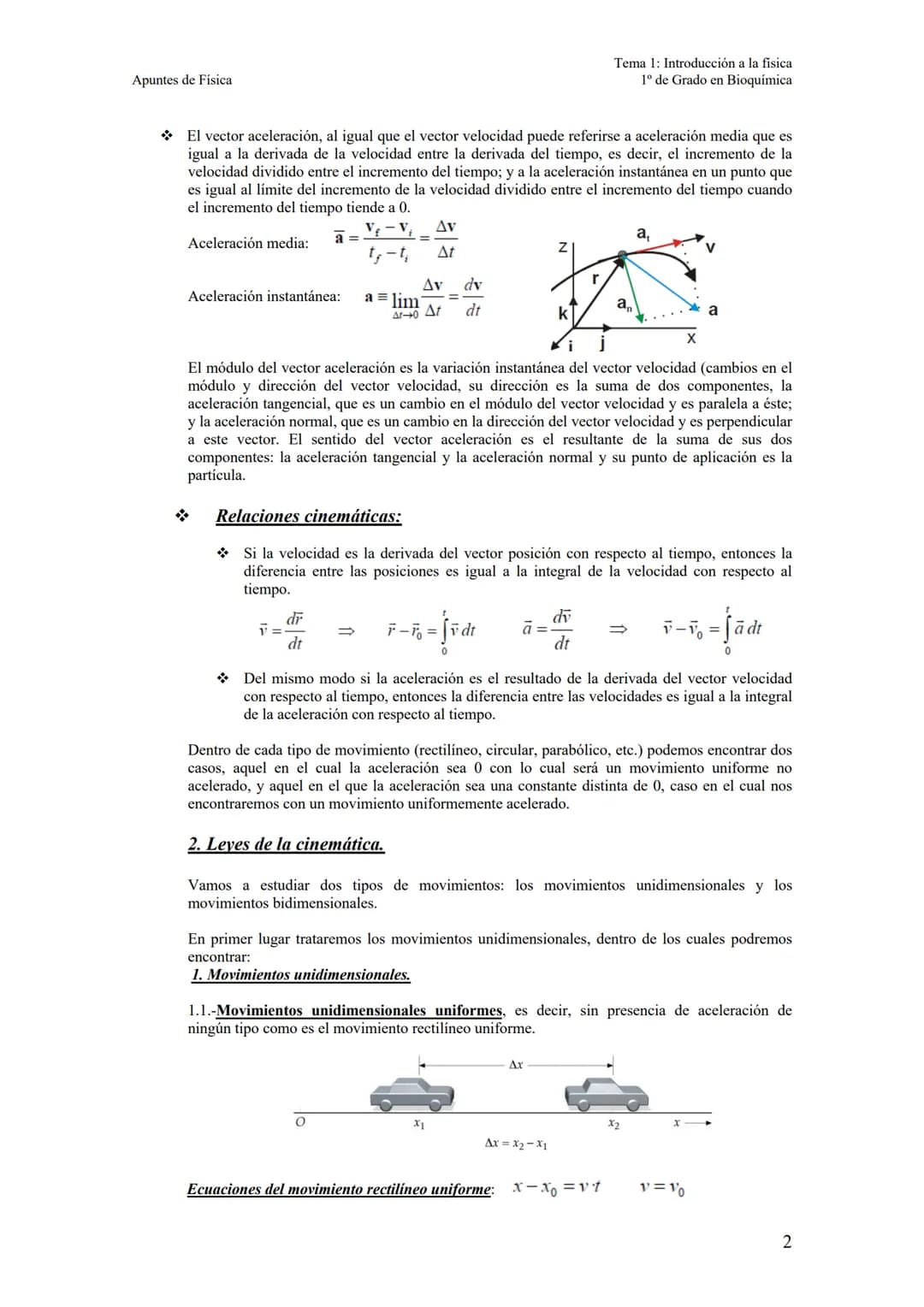 Apuntes de Física
Capítulo 2: repaso de cinemática.
1. Definiciones y conceptos básicos.
2. Leyes de cinemática.
Movimiento unidimensional.
