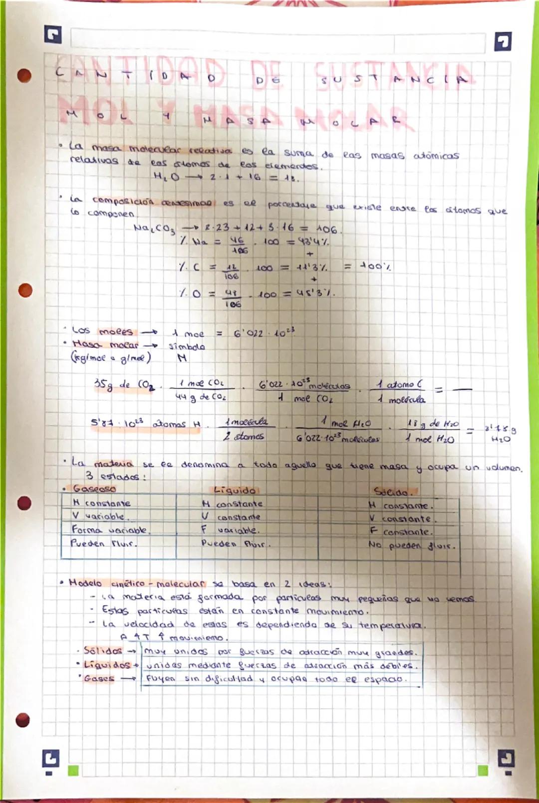 # CANTIDAD DE SUSTANCIA

# MOL Y MASA MOLAR

*   La masa molecular relativa es la suma de las masas atómicas
    relativas de eas atomos de 