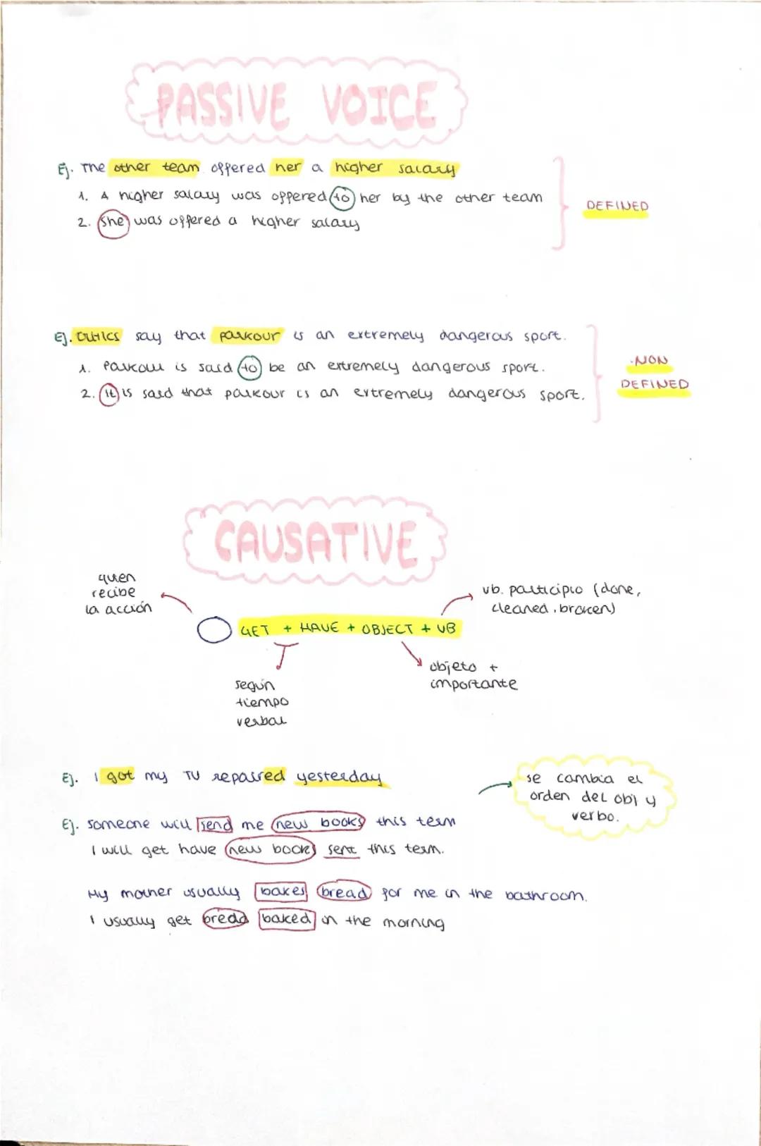 --- OCR Start ---
PASSIVE VOICE
Ej. The other team offered her a higher salary
1. A nigher salary was oppered her by the other team
2. She w