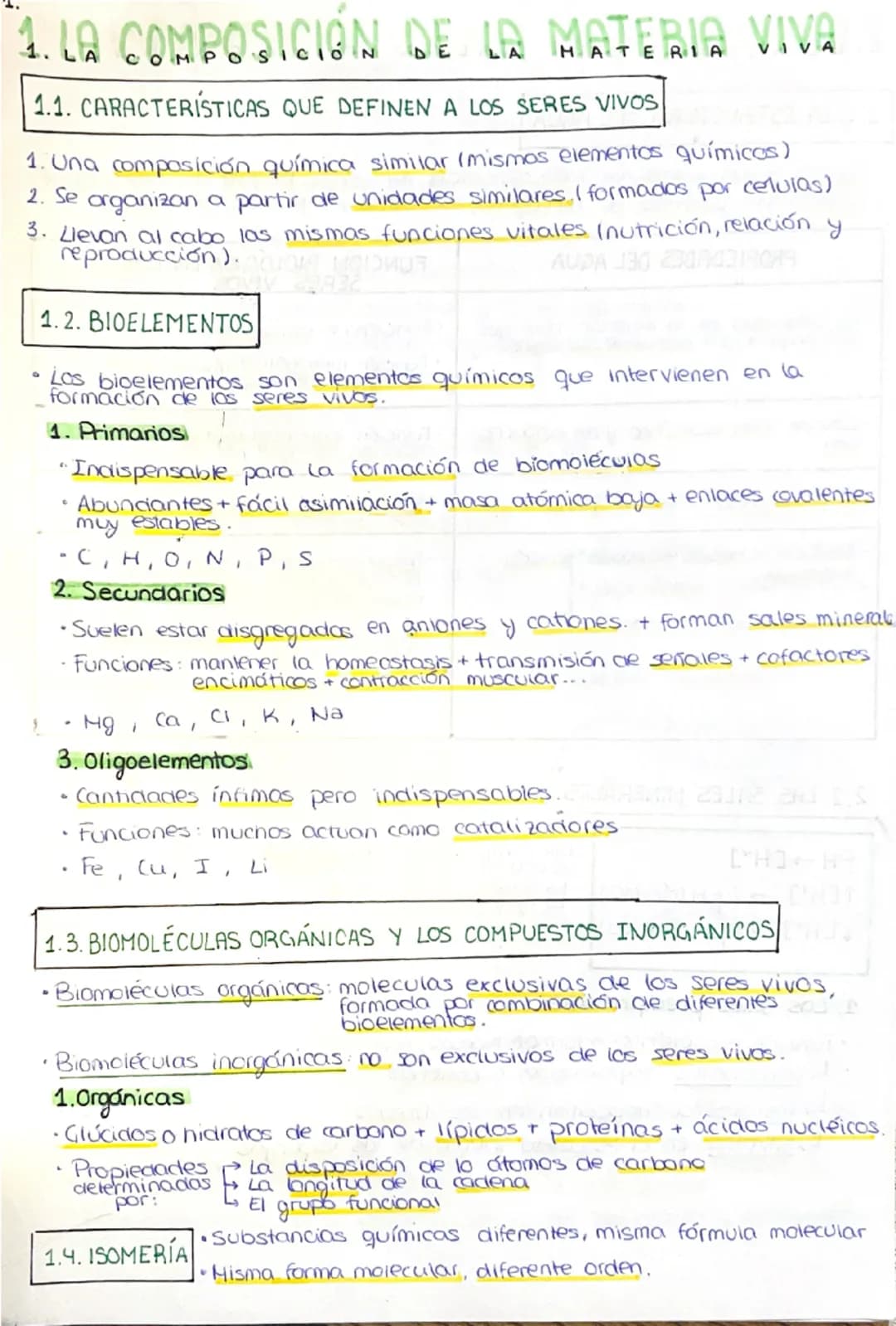--- OCR Start ---
1. LA COMPOSICIÓN DE LA MATERIA VIVA
1.1. CARACTERÍSTICAS QUE DEFINEN A LOS SERES VIVOS
1. Una composición química similar