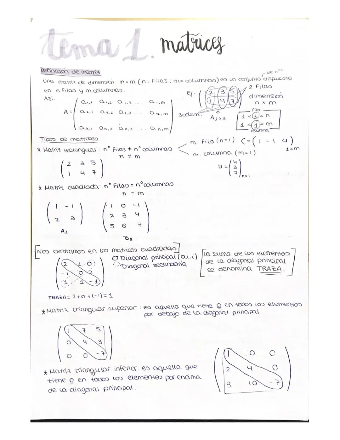 tema 1. matrices
Definición de matriz
Una matr't de dimension nxm (n = Filas ; m = columnas) es un conjunto dispuesto
de nos
en n filas y m 