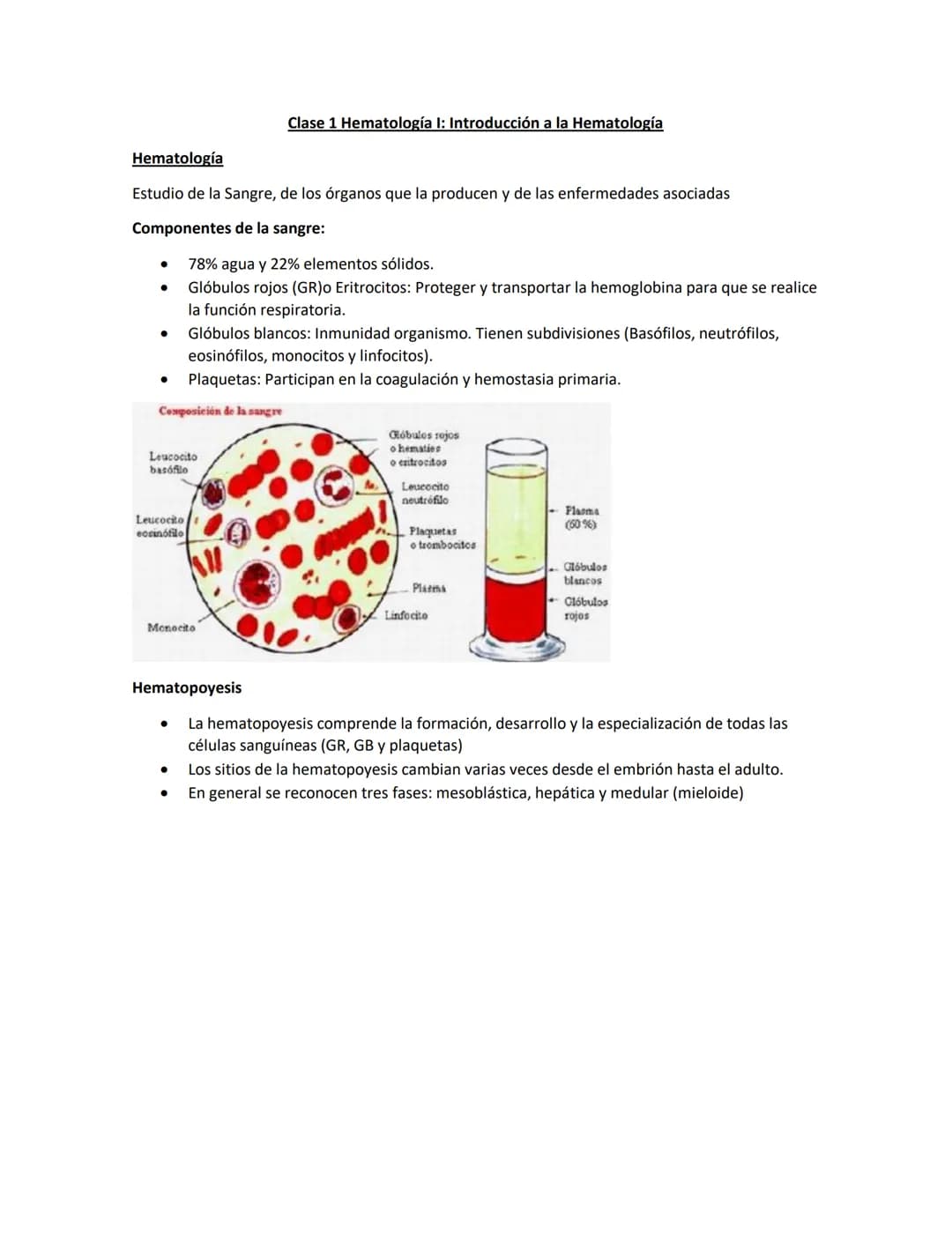Hematología
Estudio de la Sangre, de los órganos que la producen y de las enfermedades asociadas
Componentes de la sangre:
●
●
Glóbulos blan