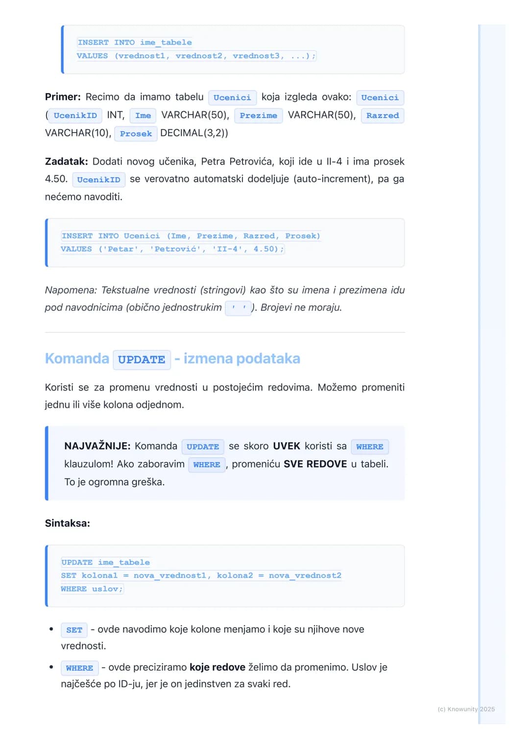 # SQL - upiti za manipulaciju
podacima (INSERT, UPDATE,
DELETE)

Uvod u manipulaciju podacima

Ovo su komande kojima menjamo podatke unutar 