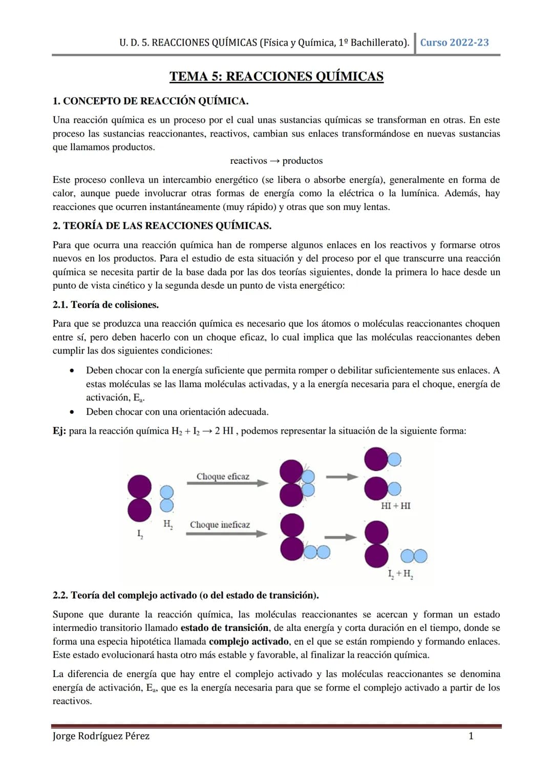 U. D. 5. REACCIONES QUÍMICAS (Física y Química, 1º Bachillerato). Curso 2022-23
TEMA 5: REACCIONES QUÍMICAS
1. CONCEPTO DE REACCIÓN QUÍMICA.