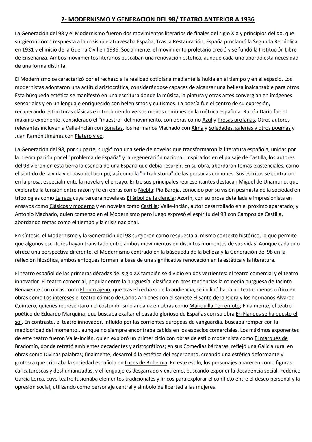 2- MODERNISMO Y GENERACIÓN DEL 98/ TEATRO ANTERIOR A 1936
La Generación del 98 y el Modernismo fueron dos movimientos literarios de finales 