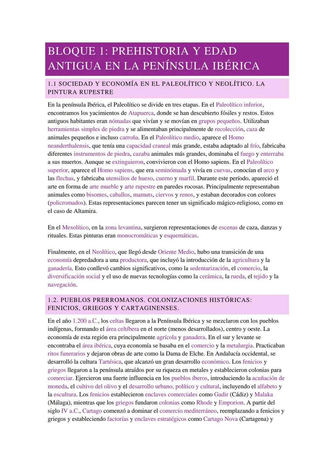 BLOQUE 1: PREHISTORIA Y EDAD
ANTIGUA EN LA PENÍNSULA IBÉRICA
1.1 SOCIEDAD Y ECONOMÍA EN EL PALEOLÍTICO Y NEOLÍTICO. LA
PINTURA RUPESTRE
En l