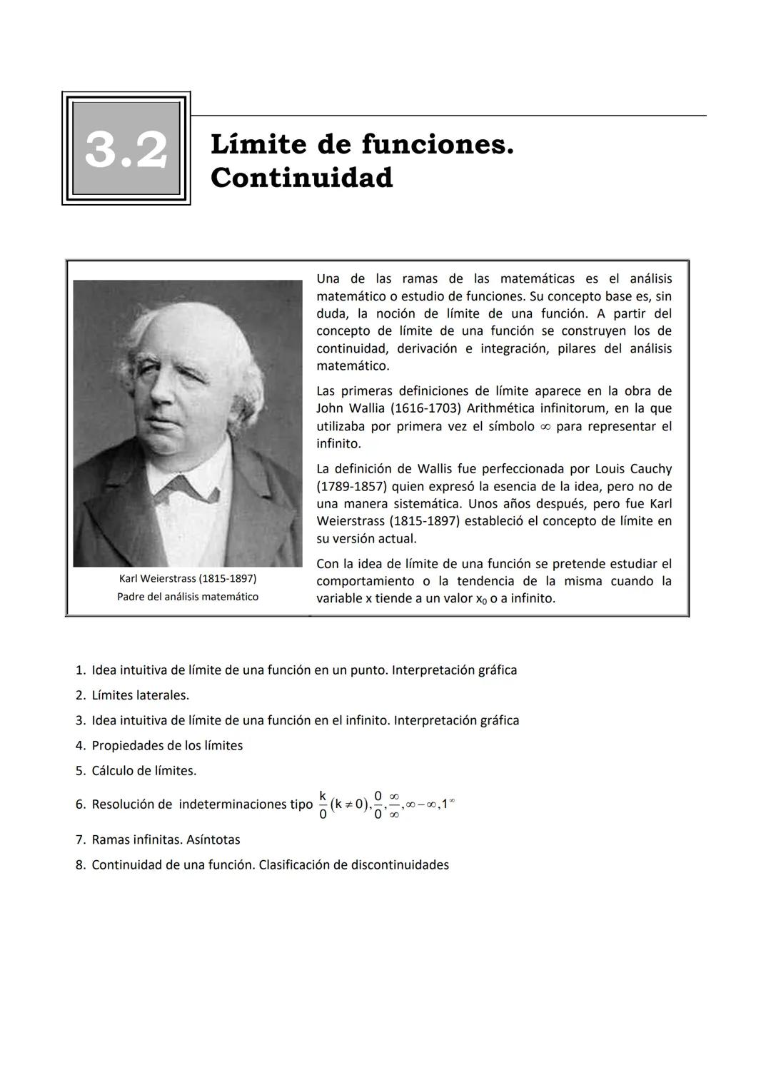 # 3.2 Límite de funciones.
Continuidad

Karl Weierstrass (1815-1897)
Padre del análisis matemático

Una de las ramas de las matemáticas es e