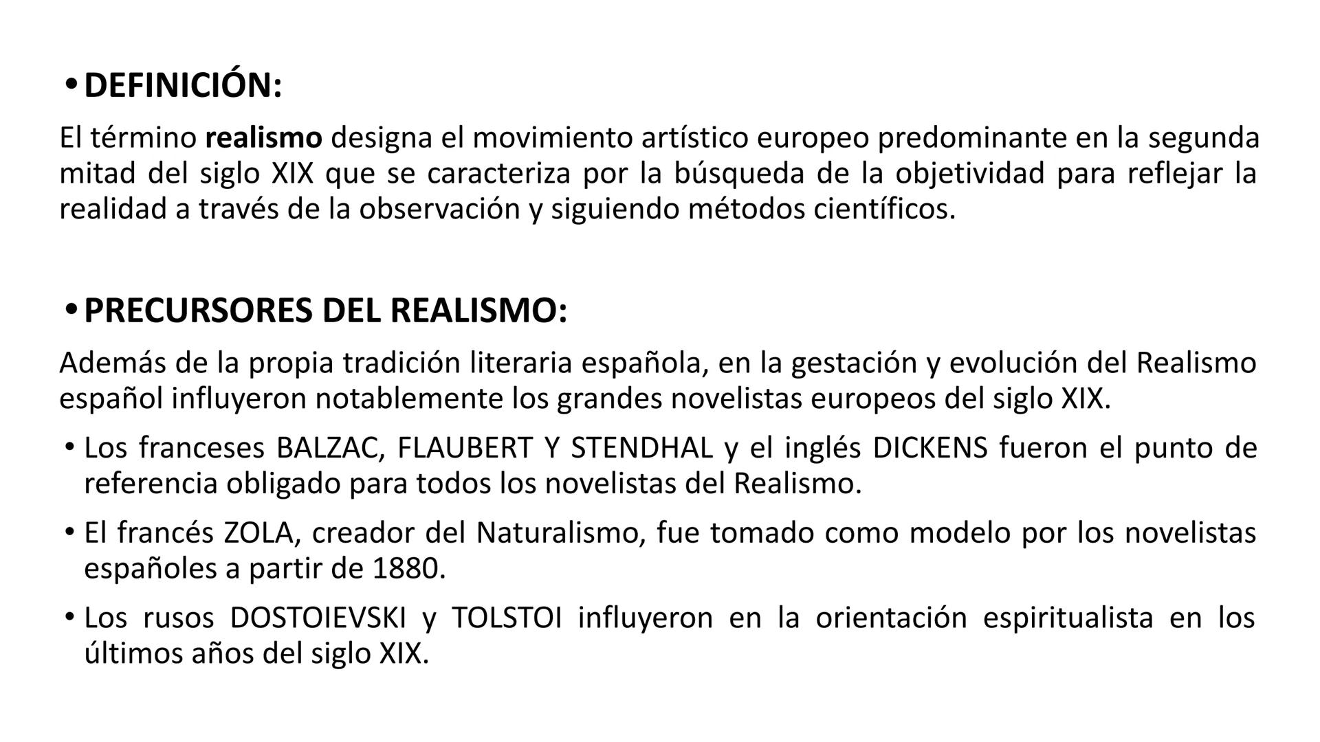 
<p>El realismo es un movimiento artístico europeo predominante en la segunda mitad del siglo XIX que se caracteriza por la búsqueda de la o