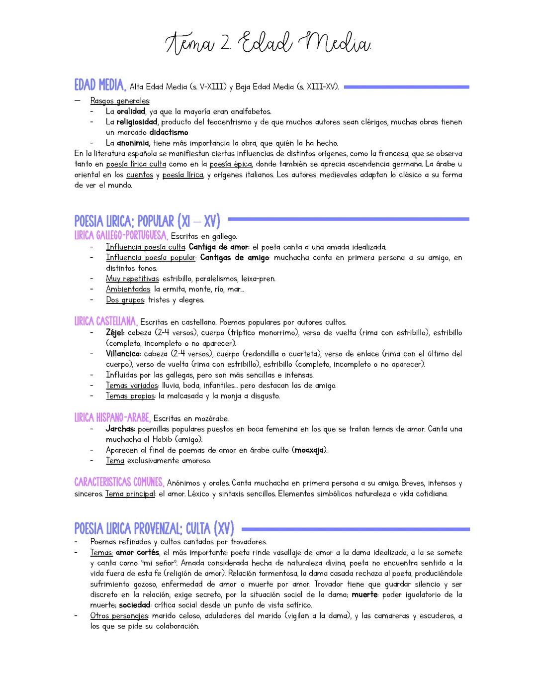 Resumen de Literatura: La Edad Media - Tema 2