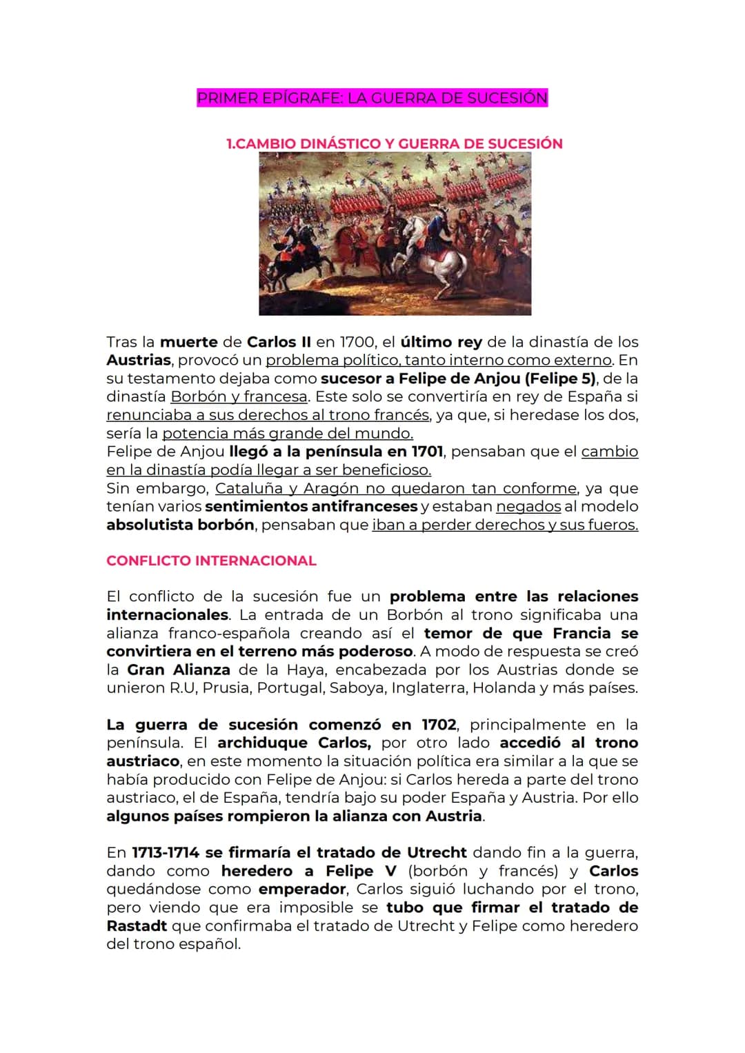 PRIMER EPÍGRAFE: LA GUERRA DE SUCESIÓN
1.CAMBIO DINÁSTICO Y GUERRA DE SUCESIÓN
Tras la muerte de Carlos II en 1700, el último rey de la dina