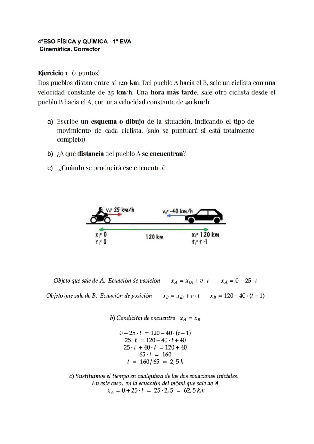 4ºESO FÍSICA Y QUÍMICA - 1ª EVA
y
Cinemática. Corrector
Ejercicio 1 (2 puntos)
Dos pueblos distan entre sí 120 km. Del pueblo A hacia el B, 