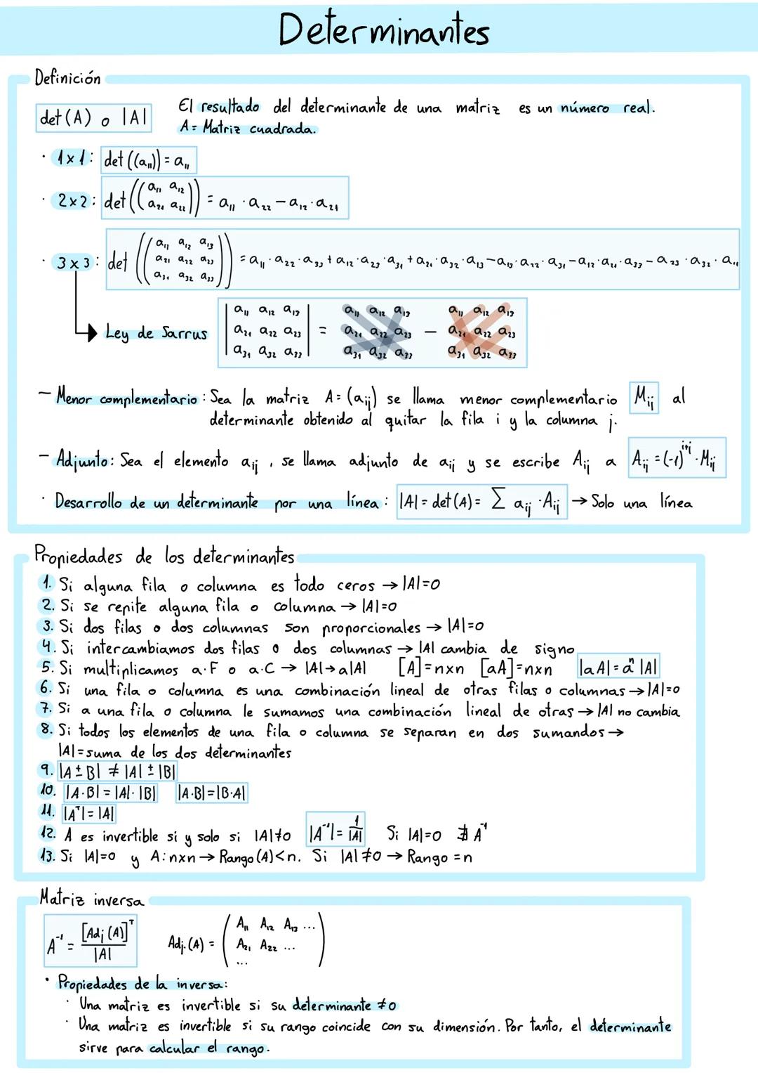 # Determinantes

Definición

det (A) o IA|

El resultado del determinante de una matriz es un número real.
A: Matriz cuadrada.

1x 1: det ((
