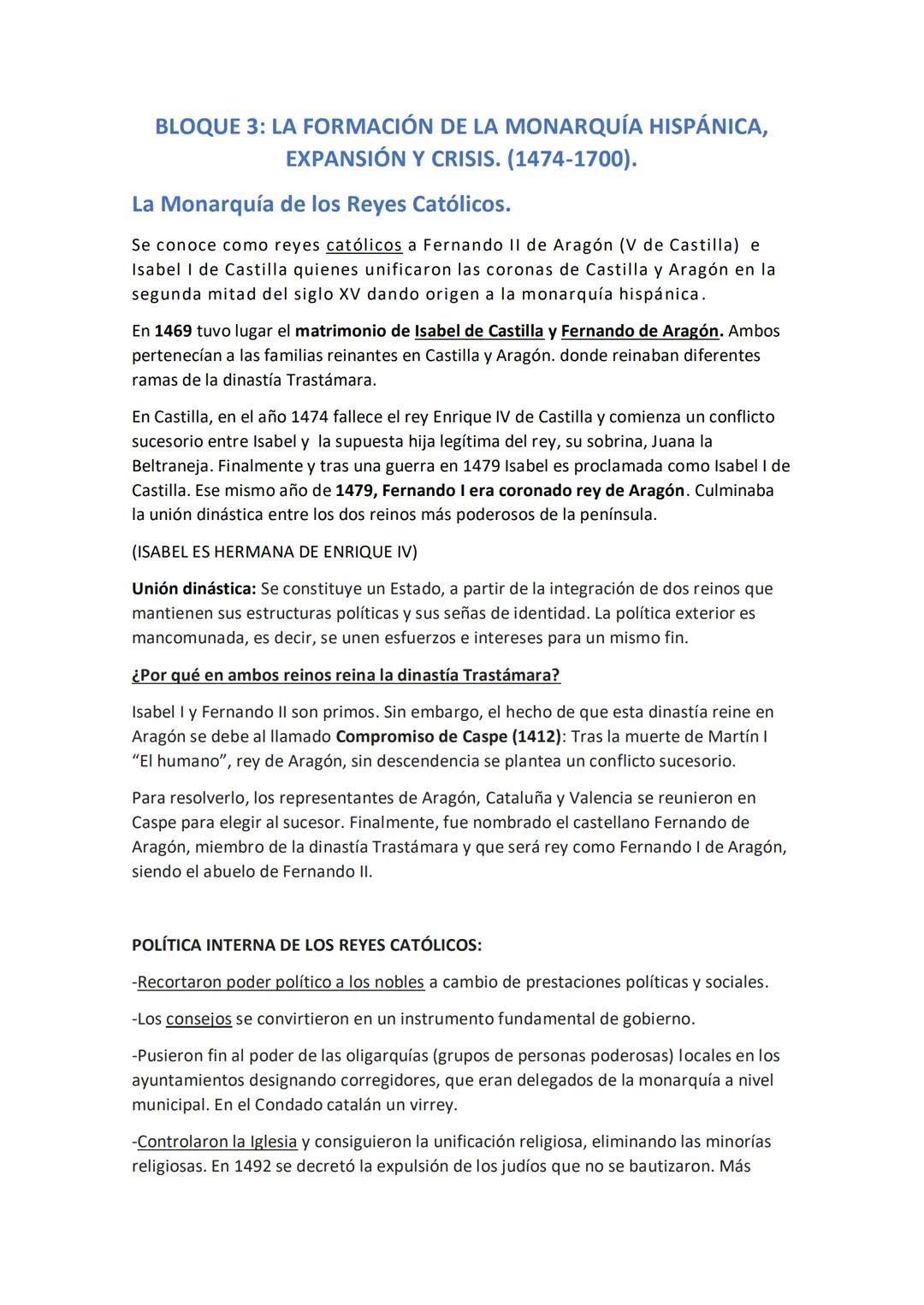 BLOQUE 3: LA FORMACIÓN DE LA MONARQUÍA HISPÁNICA,
EXPANSIÓN Y CRISIS. (1474-1700).
La Monarquía de los Reyes Católicos.
Se conoce como reyes