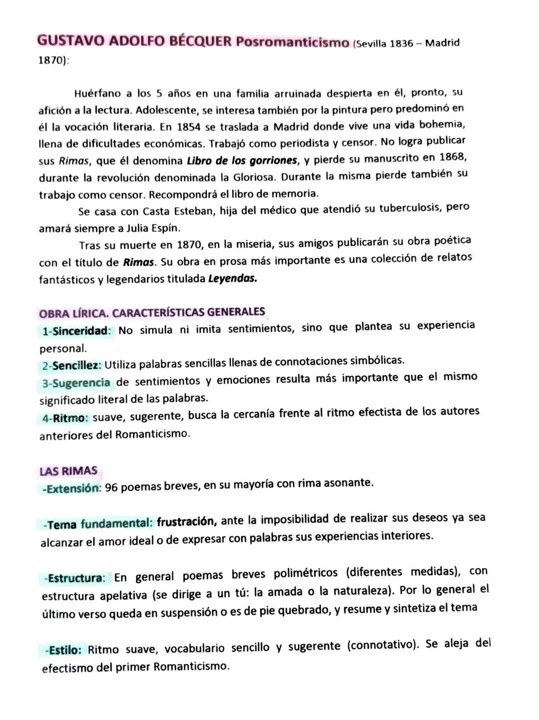 GUSTAVO ADOLFO BÉCQUER Posromanticismo (Sevilla 1836 - Madrid
1870):

Huérfano a los 5 años en una familia arruinada despierta en él, pronto