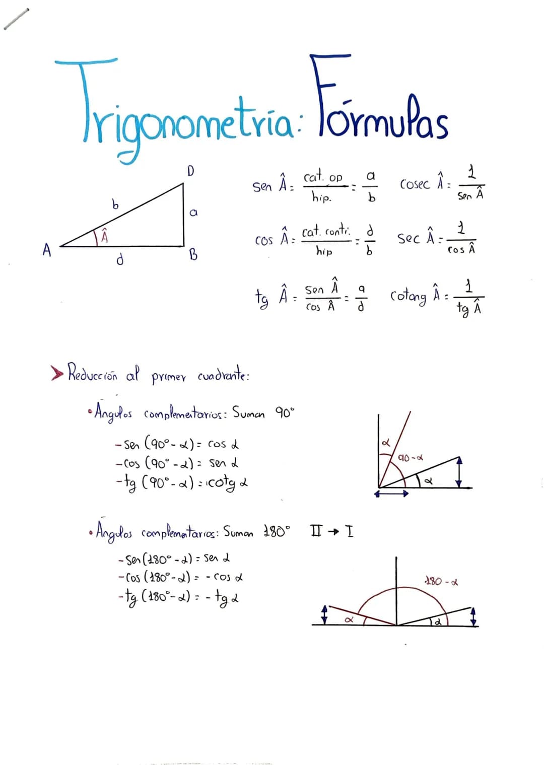 Trigonometria: Formulas
D
b
4
A
> Reducción al
B
cuadrante:
Sen
Â
Å:
CON Â:
tg Â=
primer
• Angulos complementarios: Suman 90°
-Sen (90°- x) 