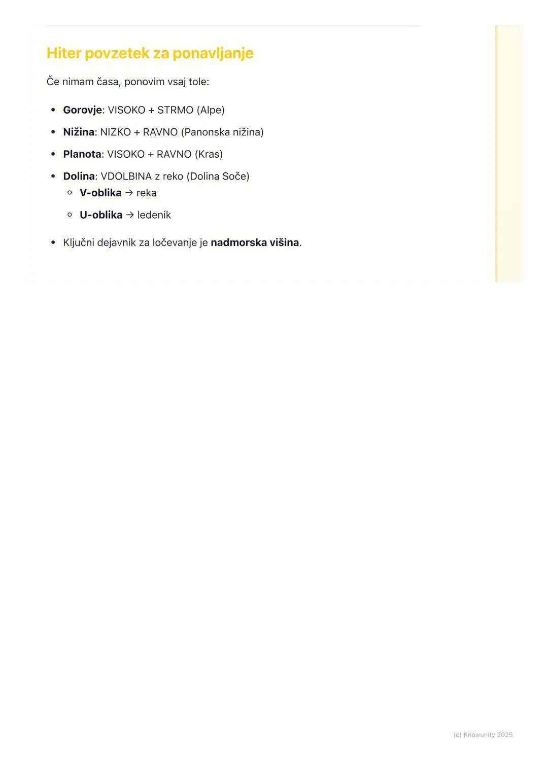 # Glavne reliefne oblike

Uvod v reliefne oblike

Relief je izraz za vse oblike na Zemljinem površju. To pomeni, da površje ni
ravno, ampak 