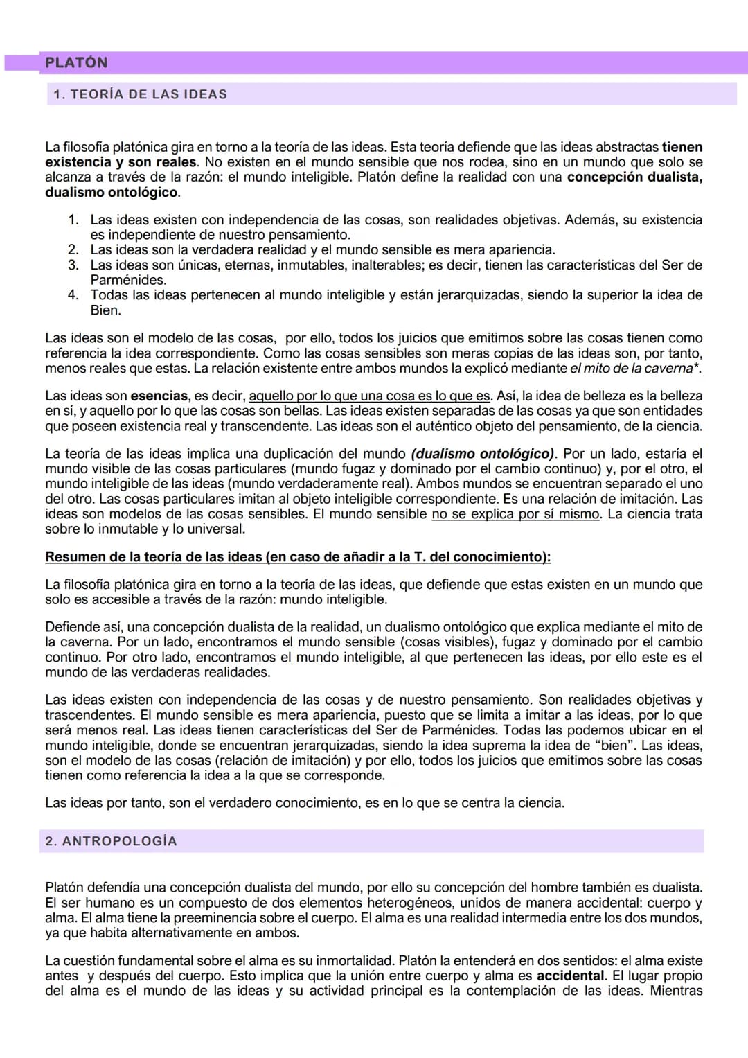 
<h2 id="1teoradelasideas">1. TEORÍA DE LAS IDEAS</h2>
<p>La filosofía platónica se centra en la teoría de las ideas, la cual sostiene que l