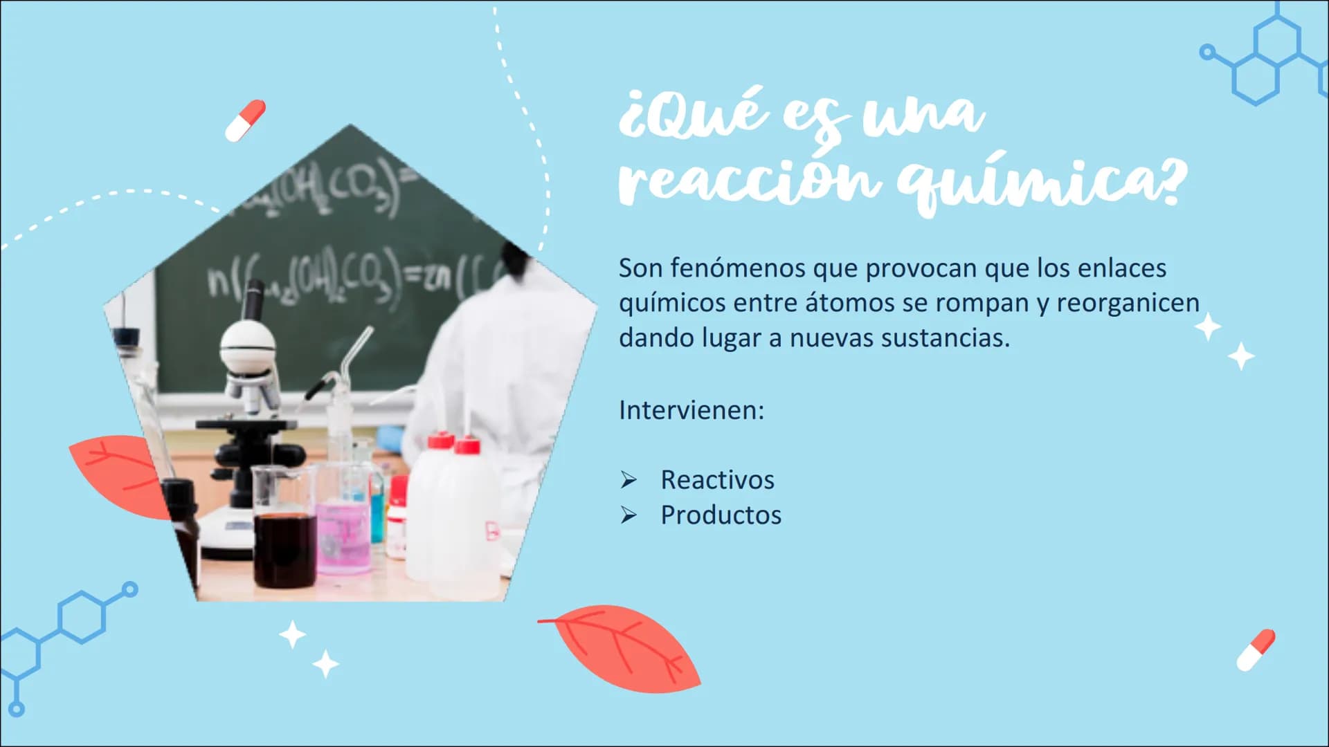 Dana Pérez, 0240
Reacciones
químicas
LAS REACCIONES DE NUESTRO ENTORNO
X Índice:
01
¿QUÉ ES UNA REACCIÓN
QUÍMICA?
03
TIPOS DE REACCIONES
QUÍ