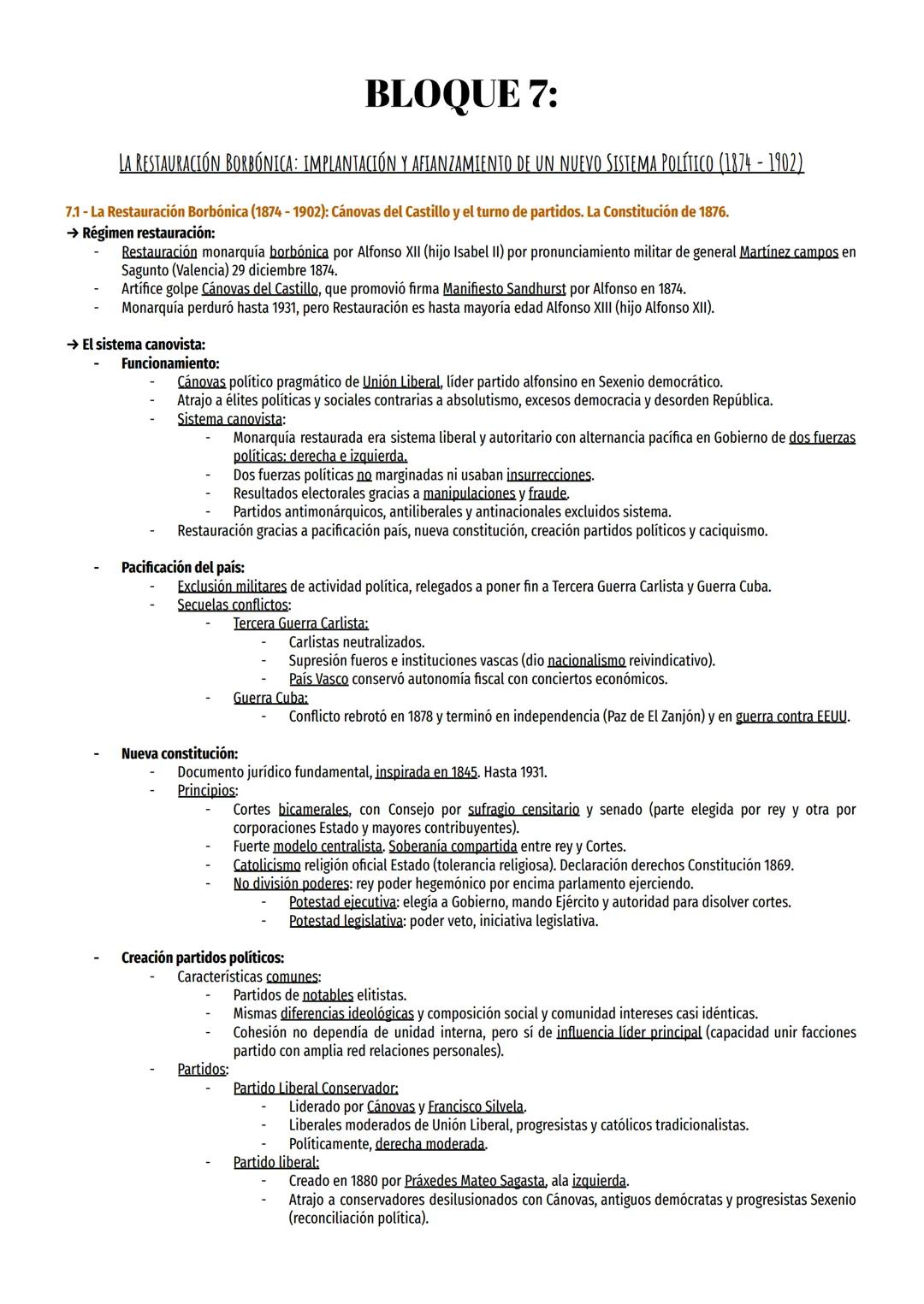 BLOQUE 7:
LA RESTAURACIÓN BORBÓNICA: IMPLANTACIÓN Y AFIANZAMIENTO DE UN NUEVO SISTEMA POLÍTICO (1874-1902)
7.1 - La Restauración Borbónica (