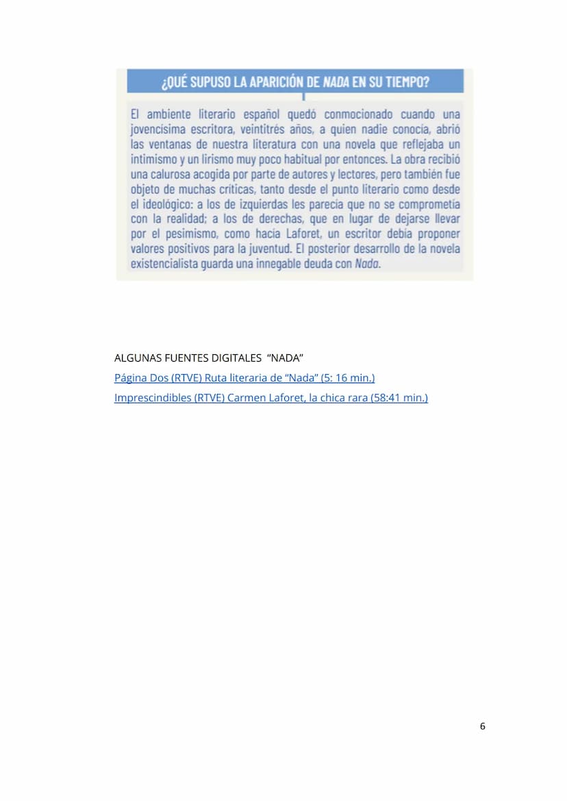 Guía de lectura
NADA, CARMEN LAFORET
1. INTRODUCCIÓN
Nada es una novela de fuerte componente autobiográfico escrita en 1944 y
que obtuvo el 