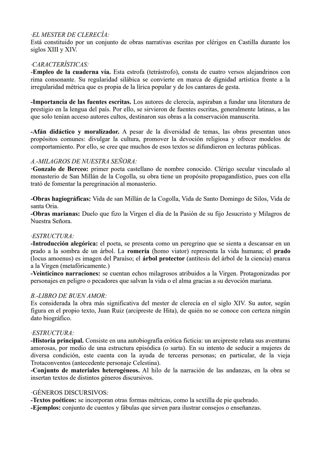-EL MESTER DE CLERECÍA:
Está constituido por un conjunto de obras narrativas escritas por clérigos en Castilla durante los
siglos XIII y XIV