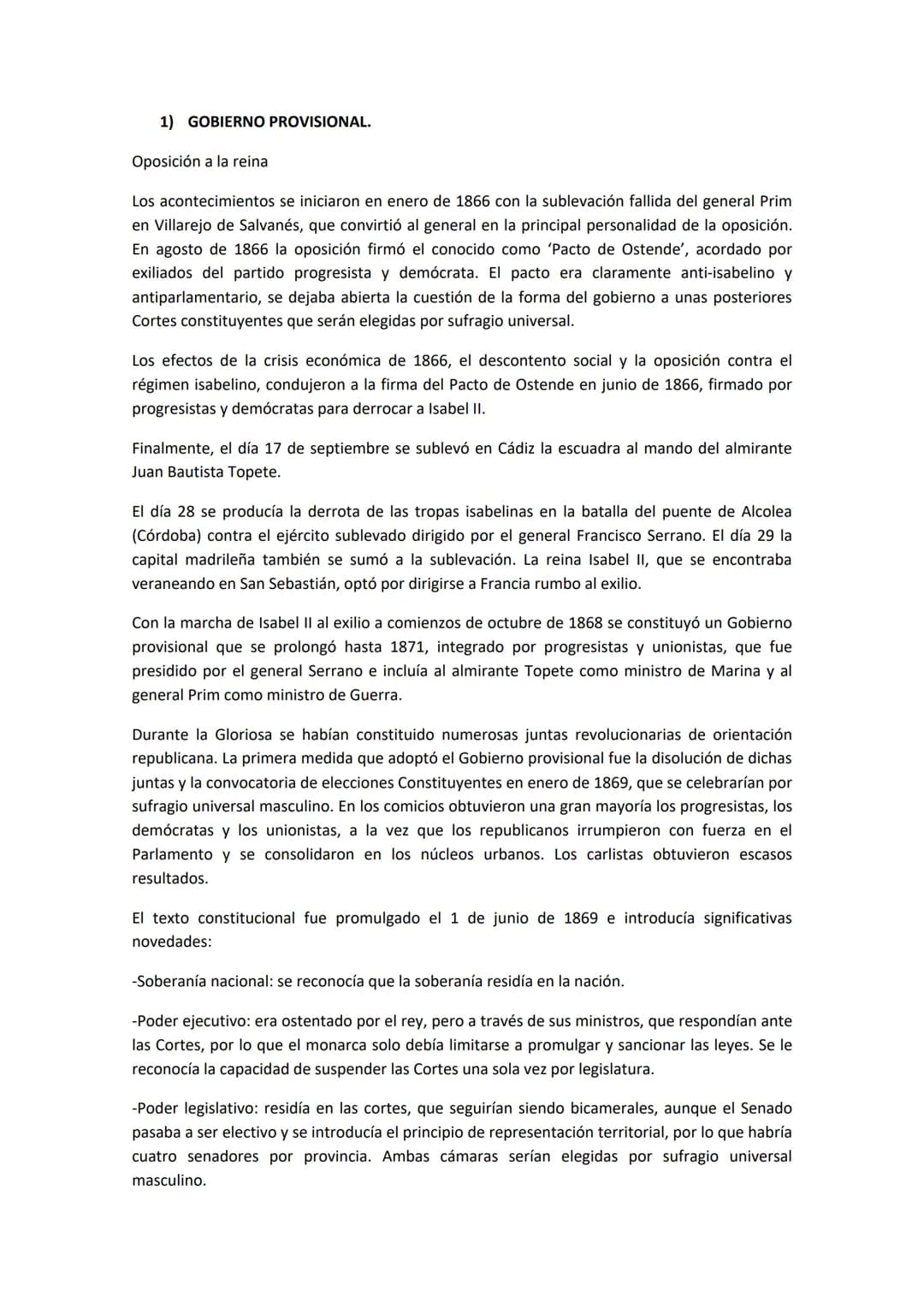 1) GOBIERNO PROVISIONAL.
Oposición a la reinal
Los acontecimientos se iniciaron en enero de 1866 con la sublevación fallida del general Prim
